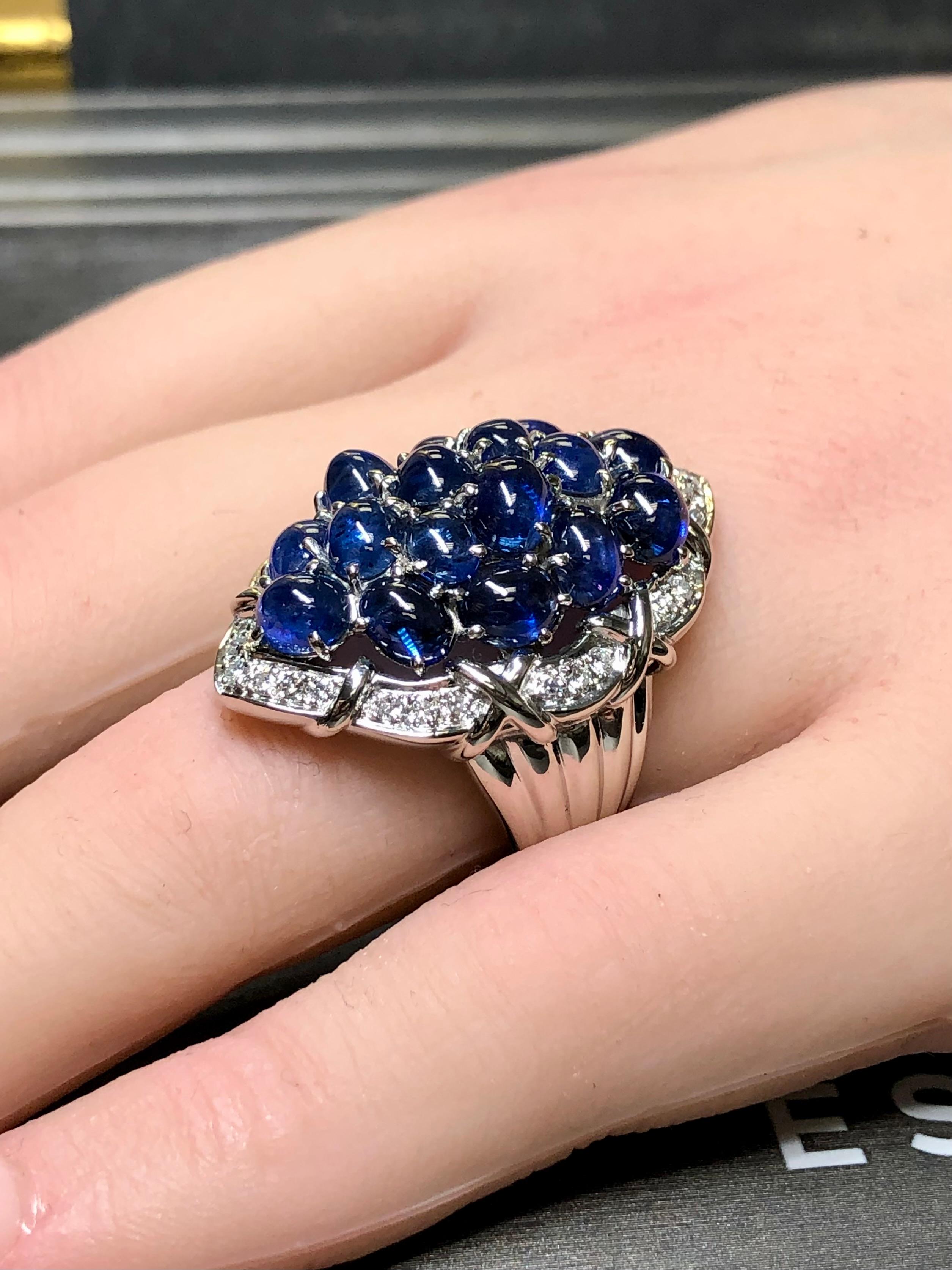 Estate Platinum Cabochon Sapphire Diamond Large Cluster Cocktail Ring 12ctw Sz 7 For Sale 6