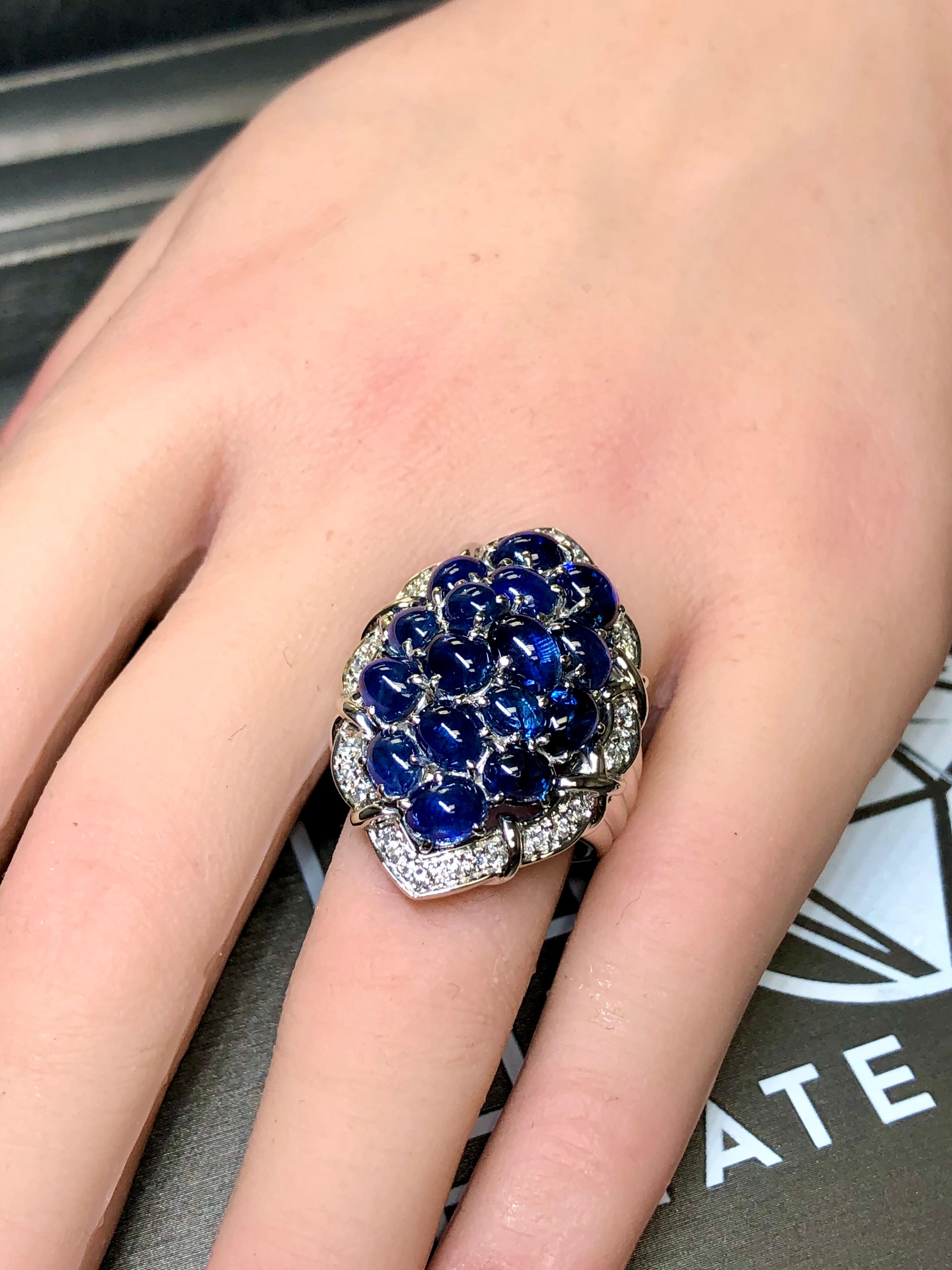 Estate Platinum Cabochon Sapphire Diamond Large Cluster Cocktail Ring 12ctw Sz 7 For Sale 7