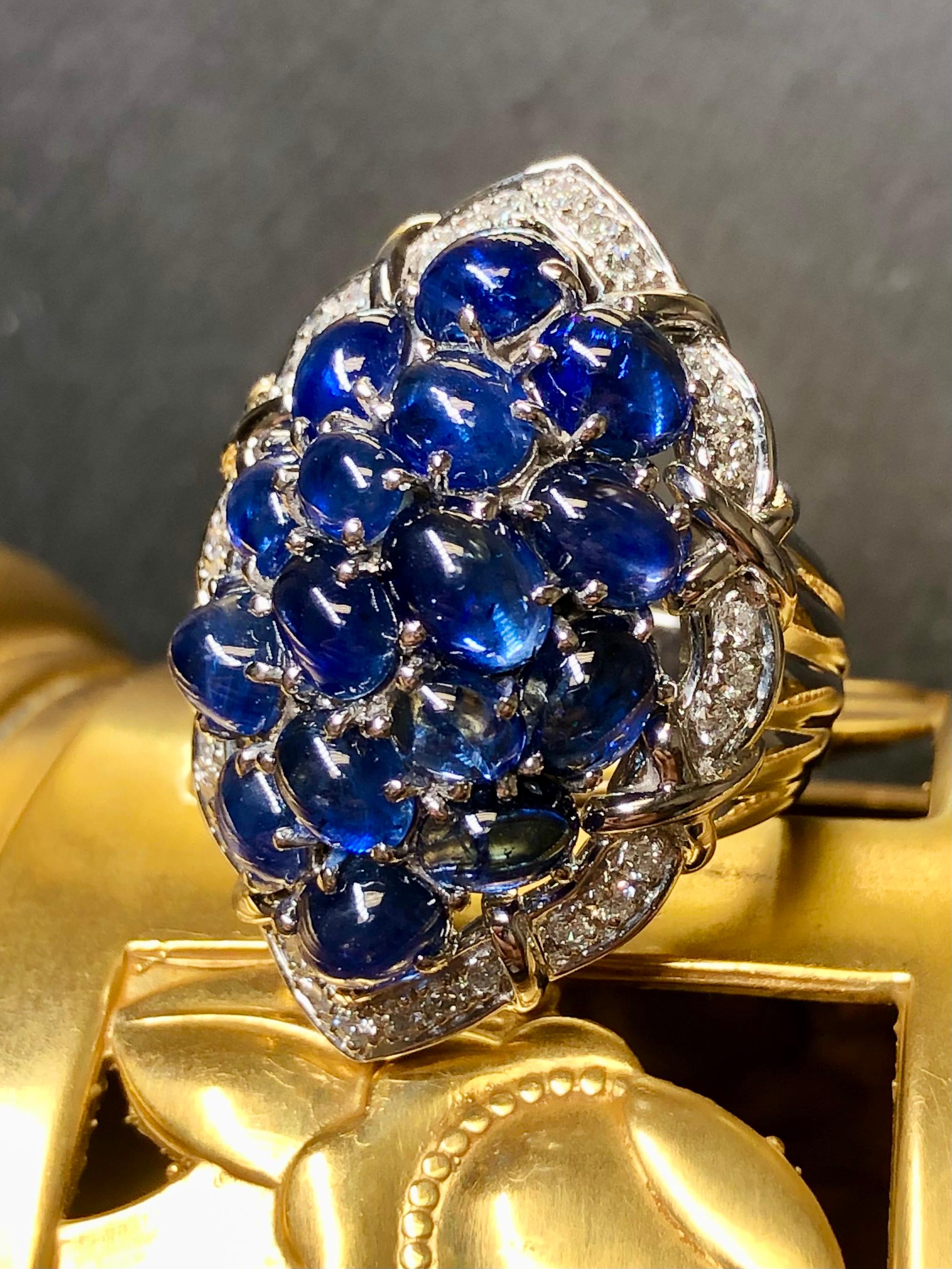 Contemporary Estate Platinum Cabochon Sapphire Diamond Large Cluster Cocktail Ring 12ctw Sz 7 For Sale