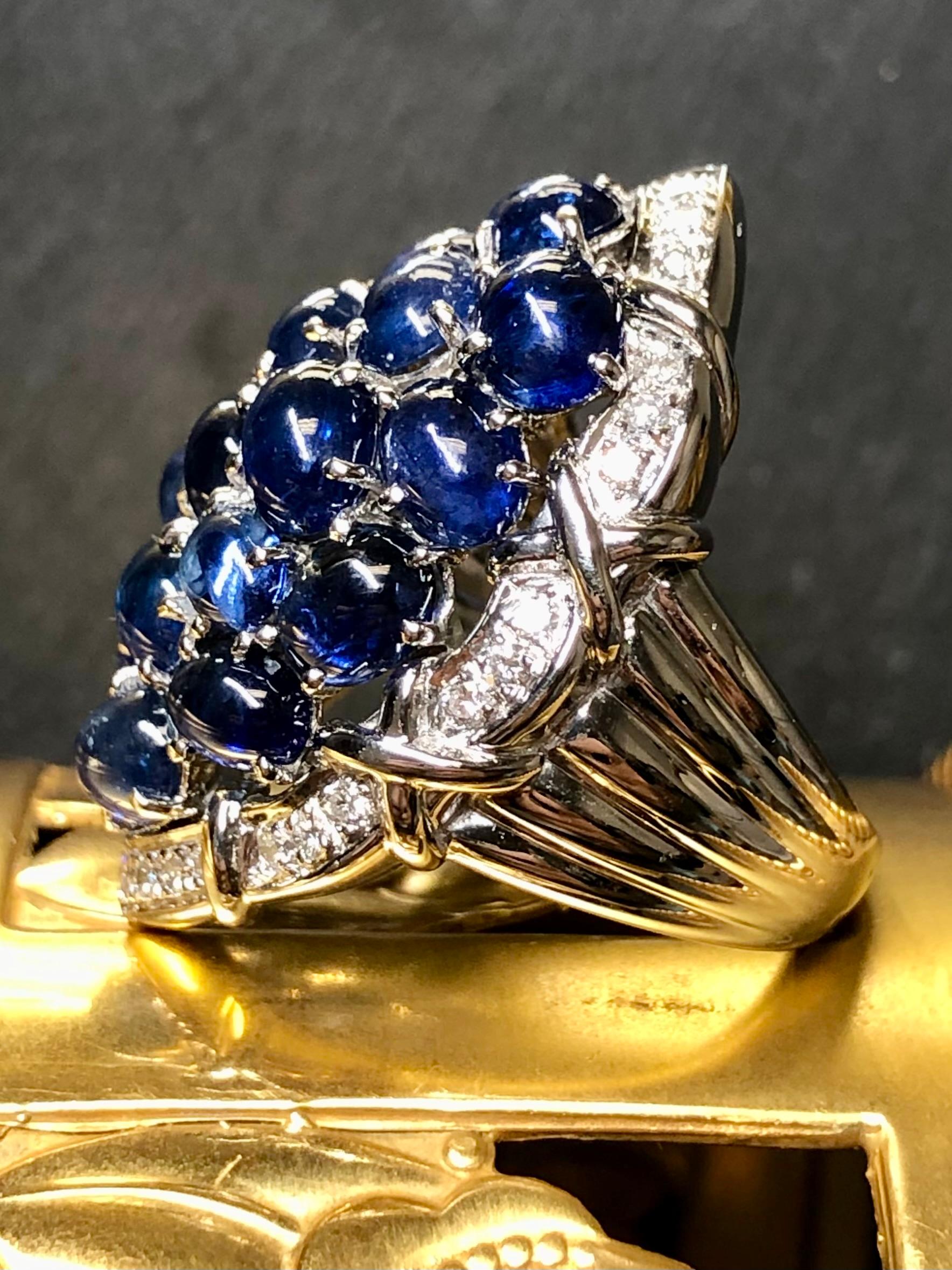 Estate Platinum Cabochon Sapphire Diamond Large Cluster Cocktail Ring 12ctw Sz 7 In Excellent Condition For Sale In Winter Springs, FL