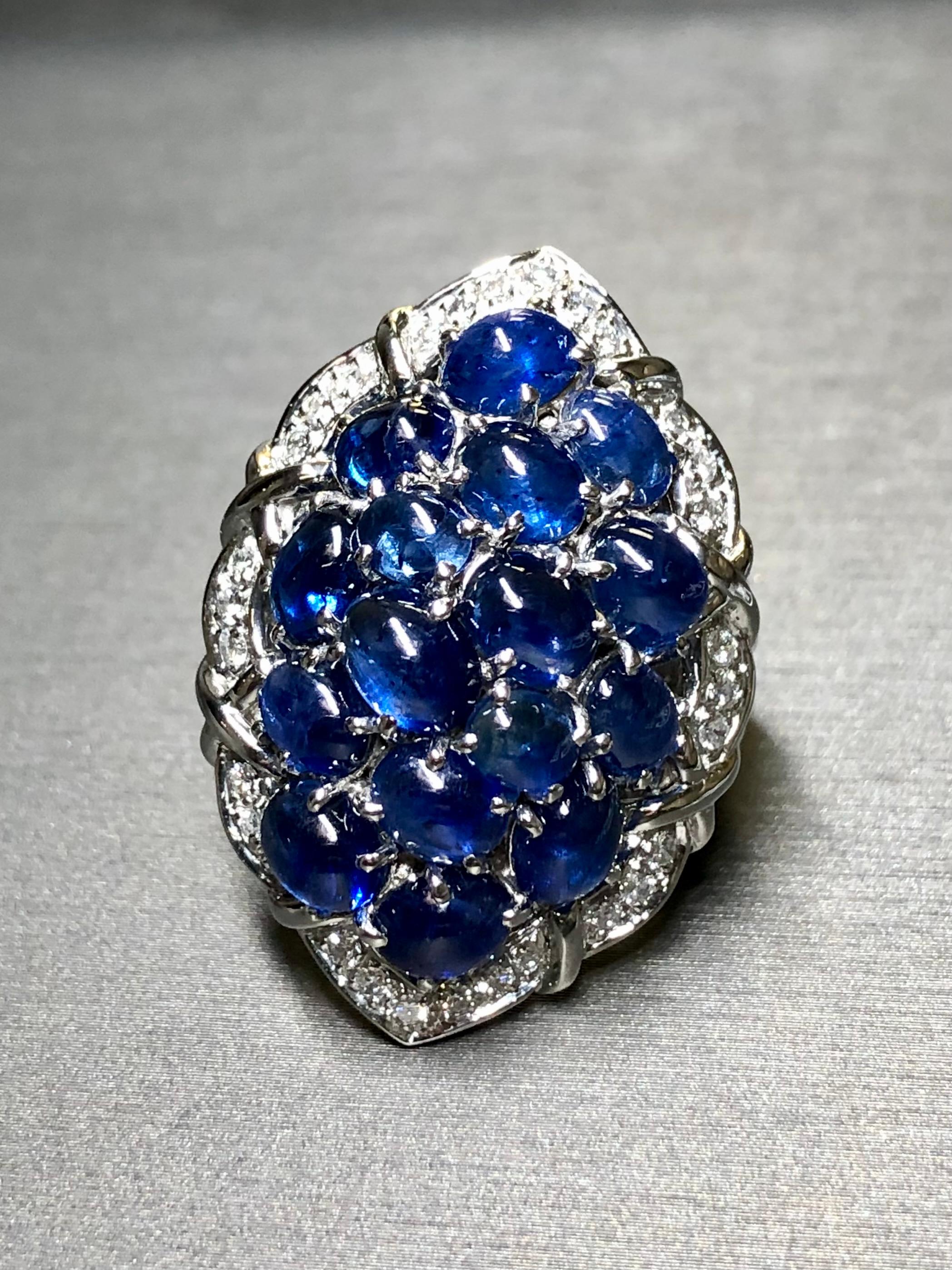 Women's or Men's Estate Platinum Cabochon Sapphire Diamond Large Cluster Cocktail Ring 12ctw Sz 7 For Sale
