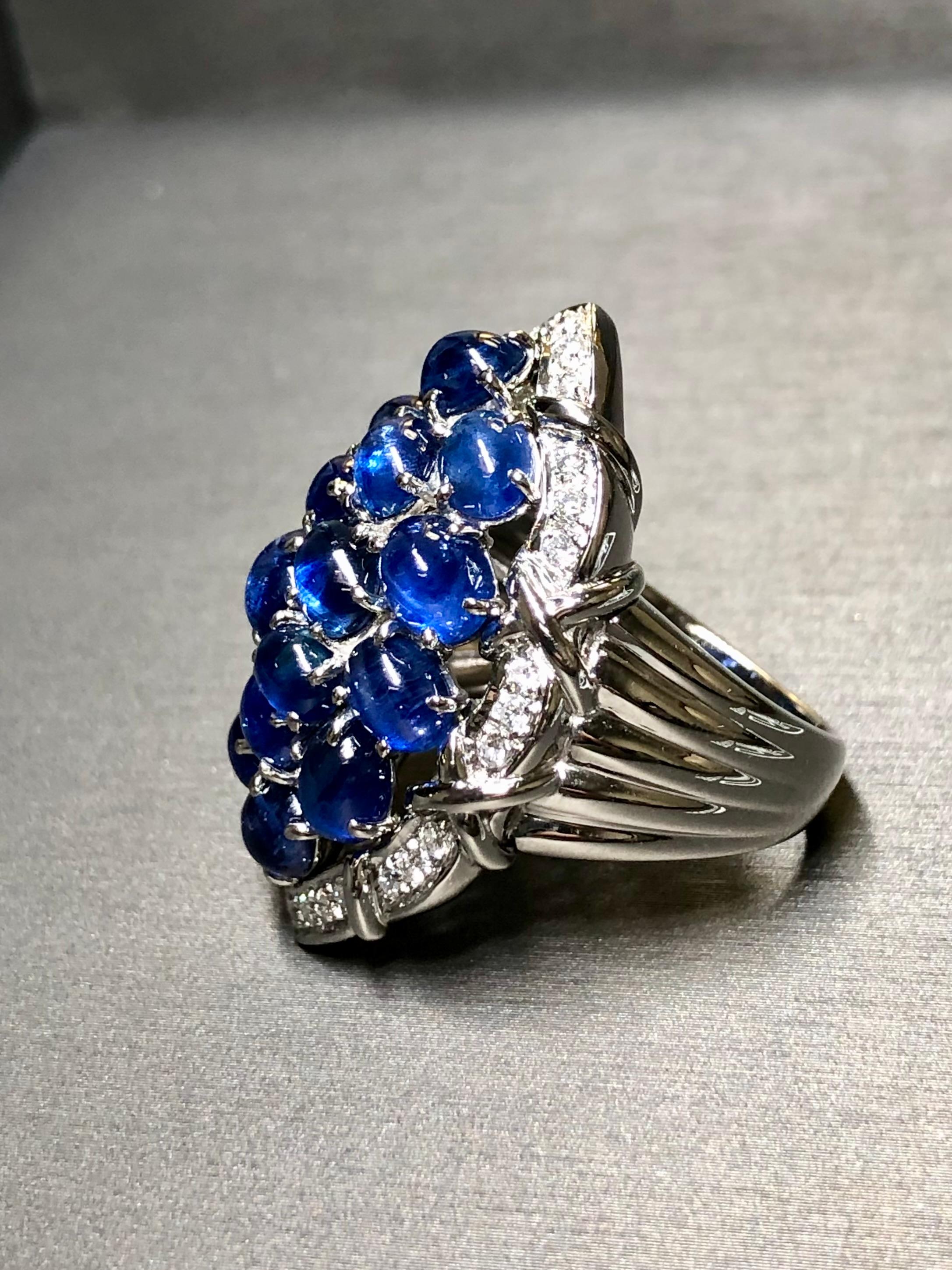Estate Platinum Cabochon Sapphire Diamond Large Cluster Cocktail Ring 12ctw Sz 7 For Sale 1