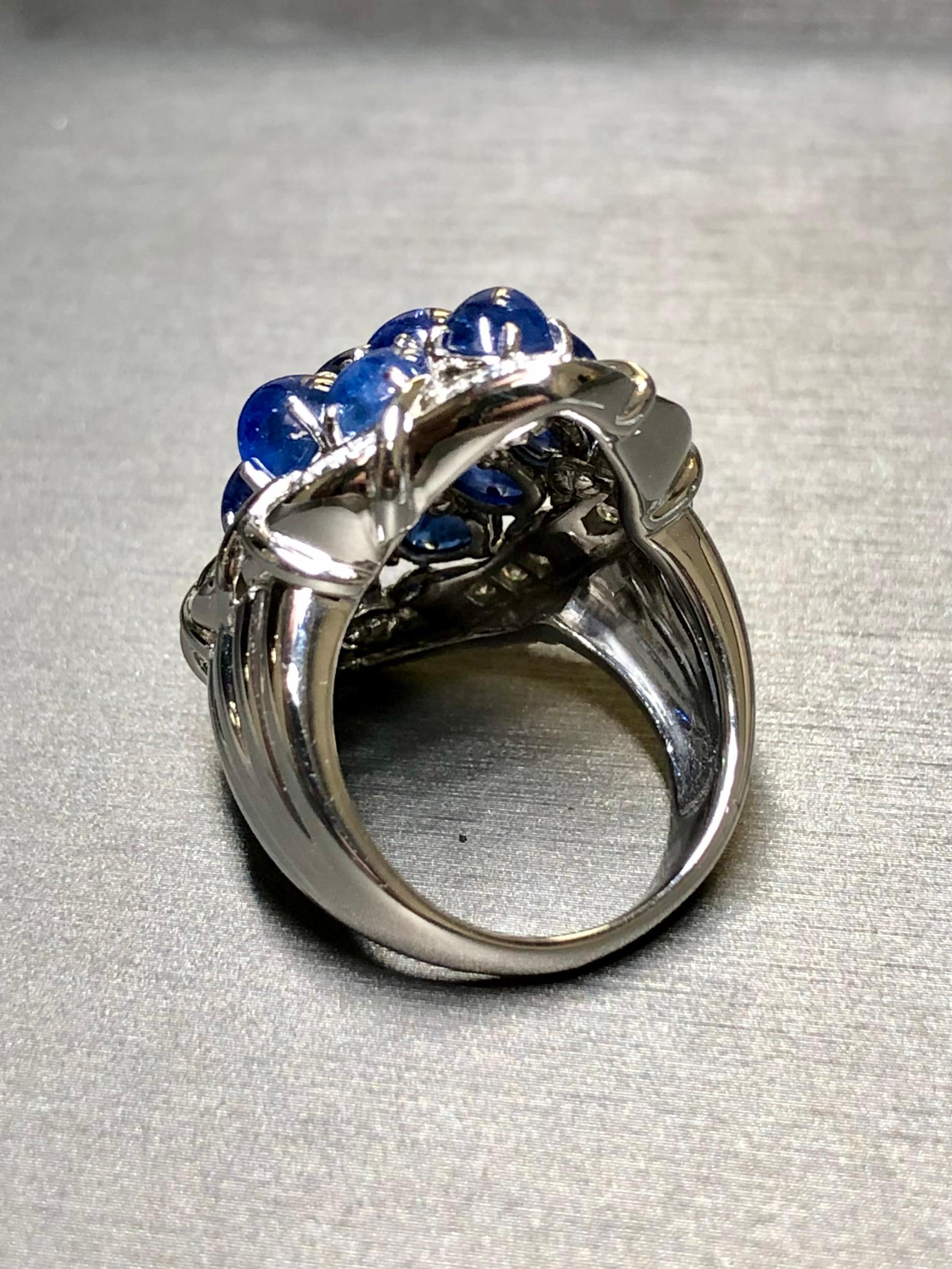 Estate Platinum Cabochon Sapphire Diamond Large Cluster Cocktail Ring 12ctw Sz 7 For Sale 2
