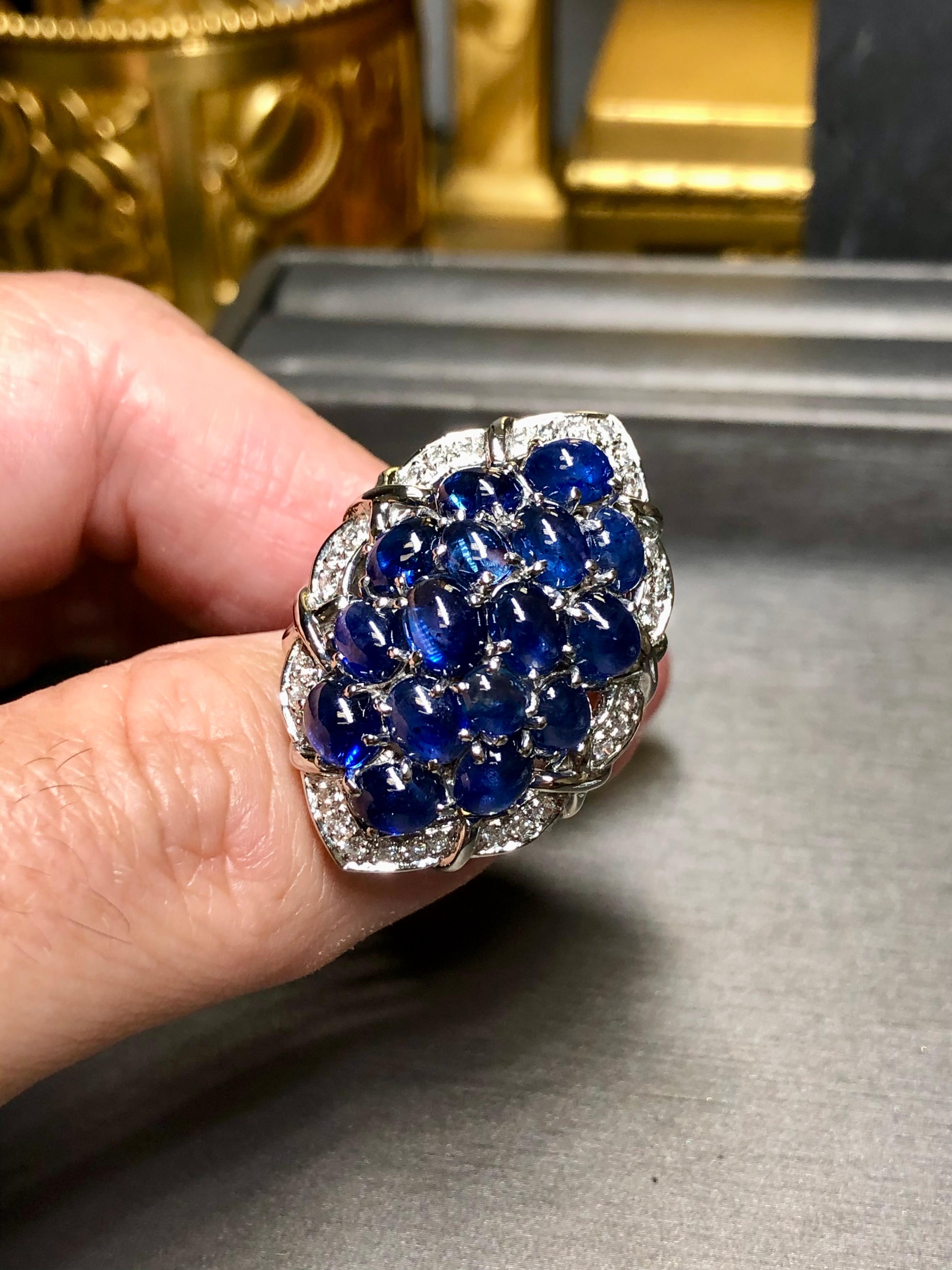 Estate Platinum Cabochon Sapphire Diamond Large Cluster Cocktail Ring 12ctw Sz 7 For Sale 3