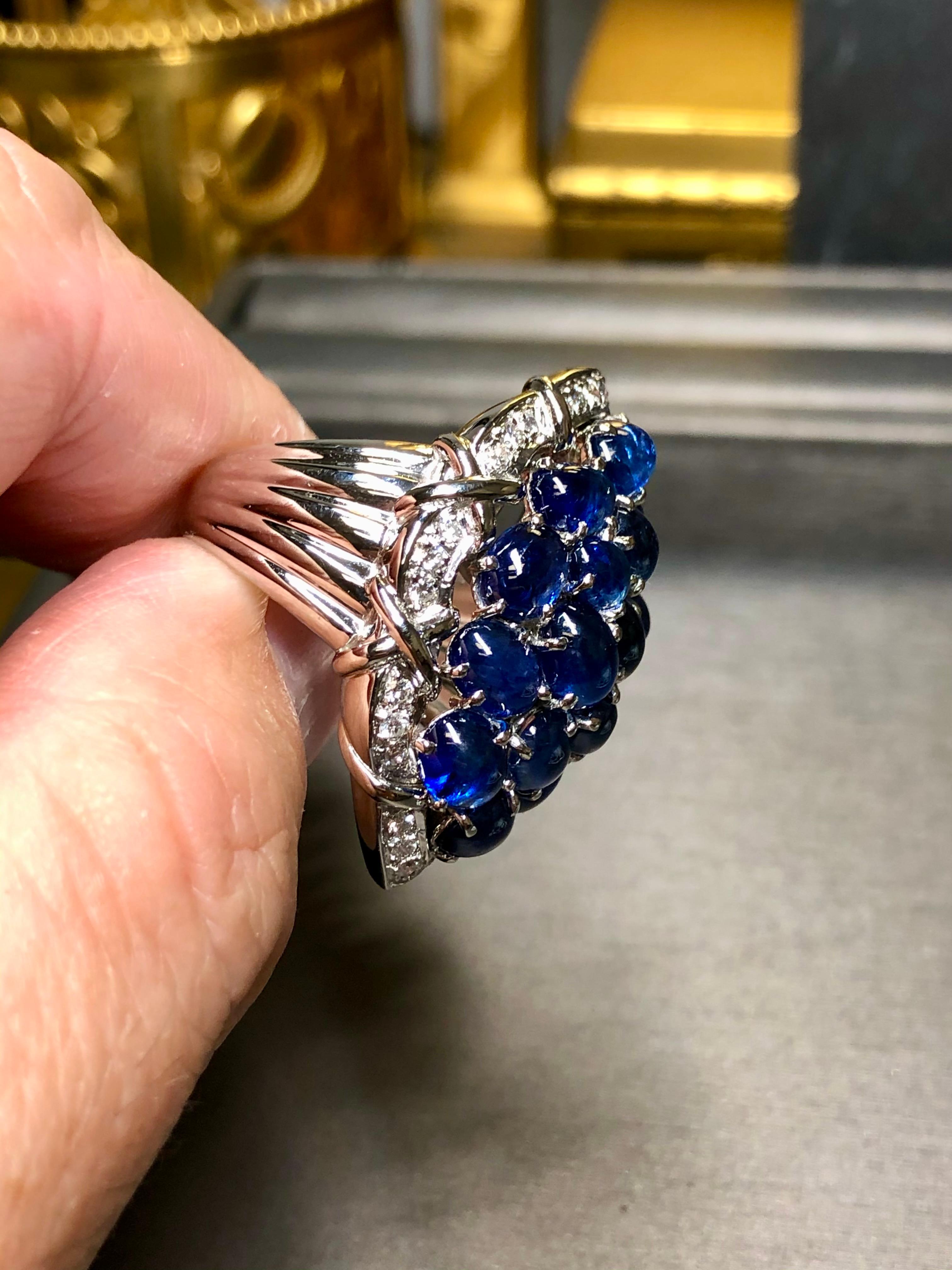 Estate Platinum Cabochon Sapphire Diamond Large Cluster Cocktail Ring 12ctw Sz 7 For Sale 4