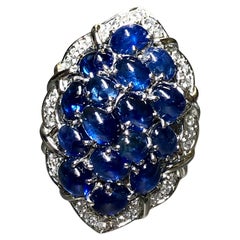 Estate Platinum Cabochon Sapphire Diamond Large Cluster Cocktail Ring 12ctw Sz 7
