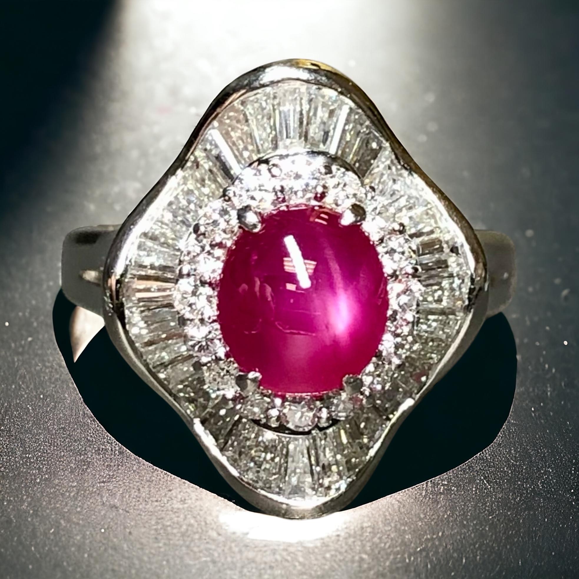Estate Platinum Cabochon Star Ruby Baguette Diamond Ballerina Ring NO HEAT 3.47c For Sale 4