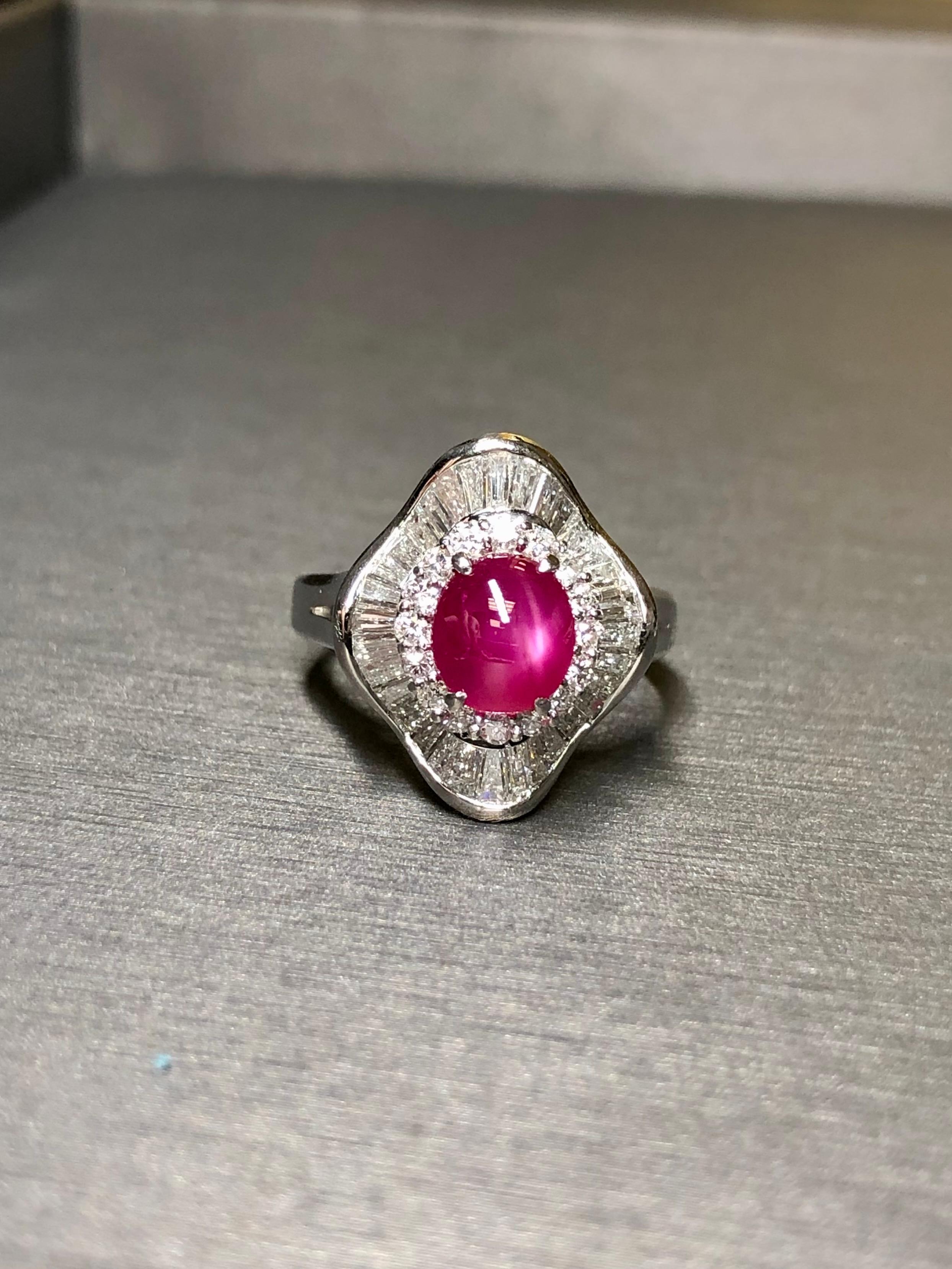 Art Deco Estate Platinum Cabochon Star Ruby Baguette Diamond Ballerina Ring NO HEAT 3.47c For Sale