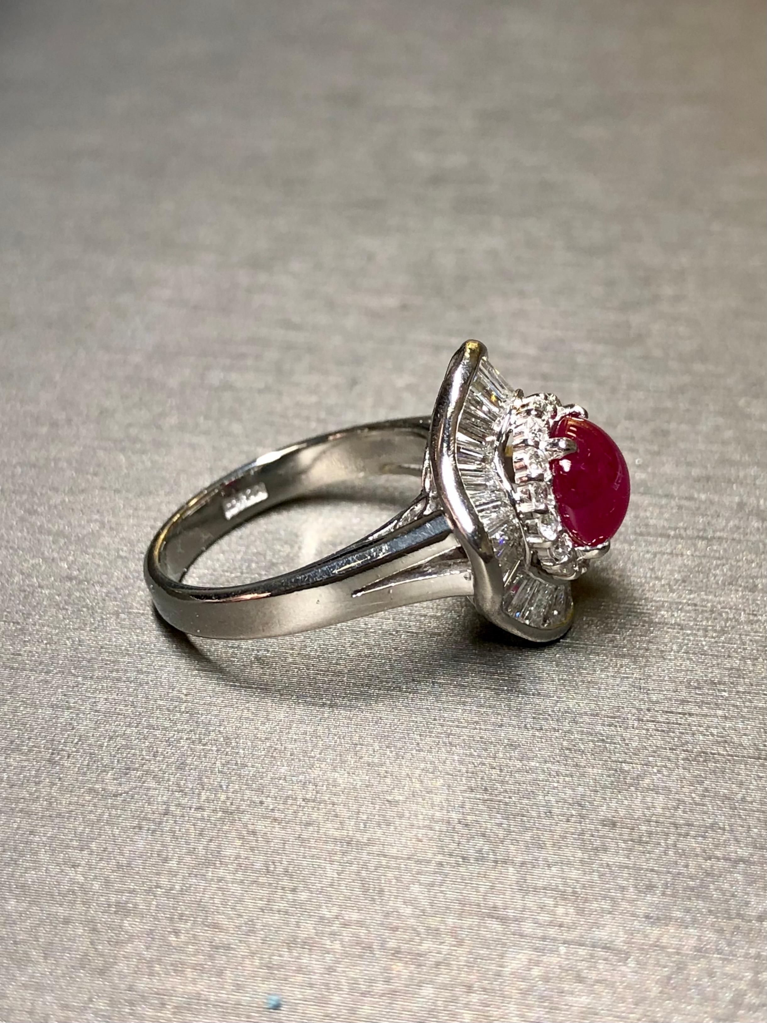 Baguette Cut Estate Platinum Cabochon Star Ruby Baguette Diamond Ballerina Ring NO HEAT 3.47c For Sale