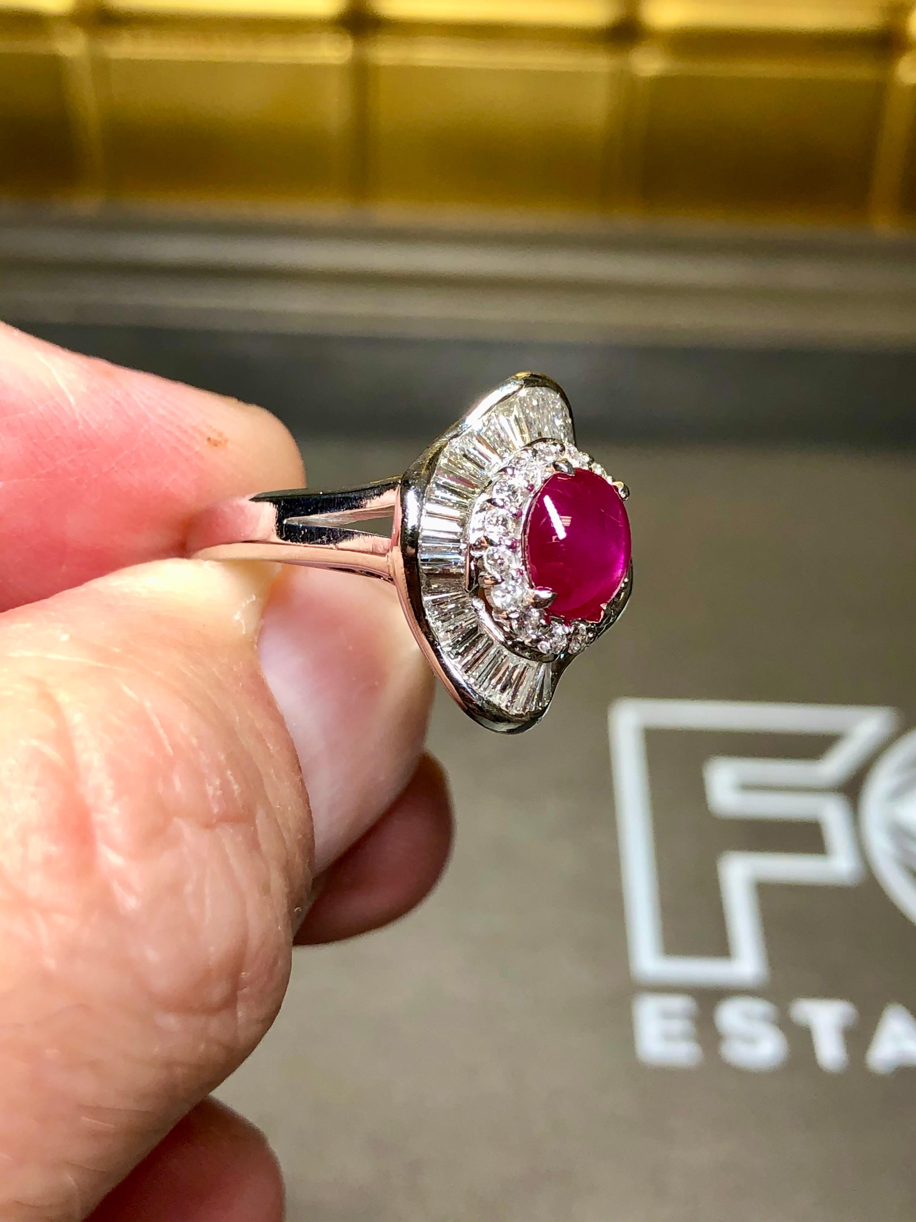 Women's or Men's Estate Platinum Cabochon Star Ruby Baguette Diamond Ballerina Ring NO HEAT 3.47c For Sale