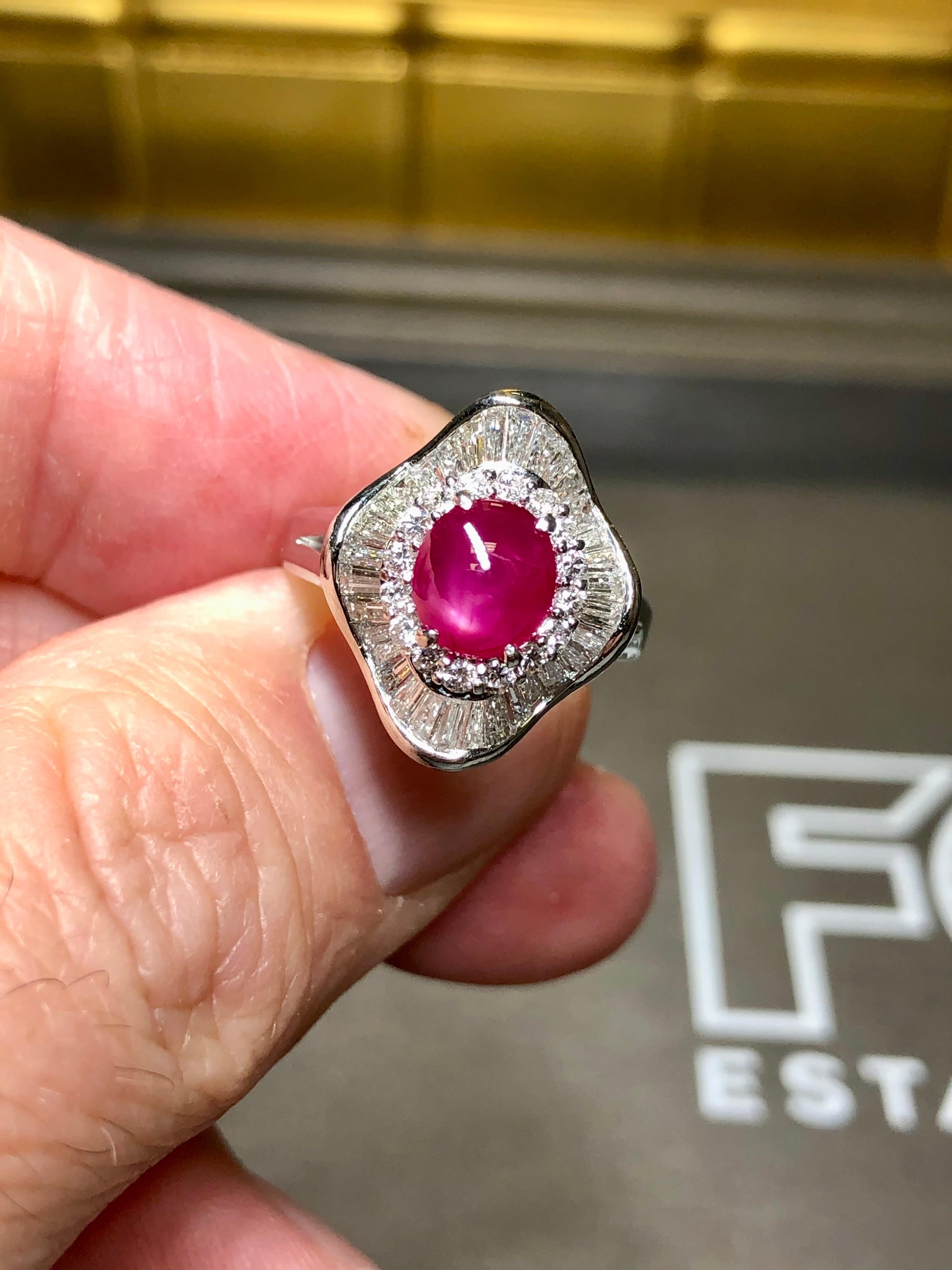 Estate Platinum Cabochon Star Ruby Baguette Diamond Ballerina Ring NO HEAT 3.47c For Sale 2