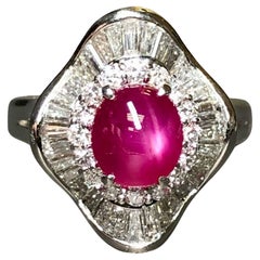 Estate Platinum Cabochon Star Ruby Baguette Diamond Ballerina Ring NO HEAT 3.47c