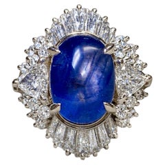 Estate Platinum Cabochon Star Sapphire & Trilliant Diamond Large Cocktail Ring