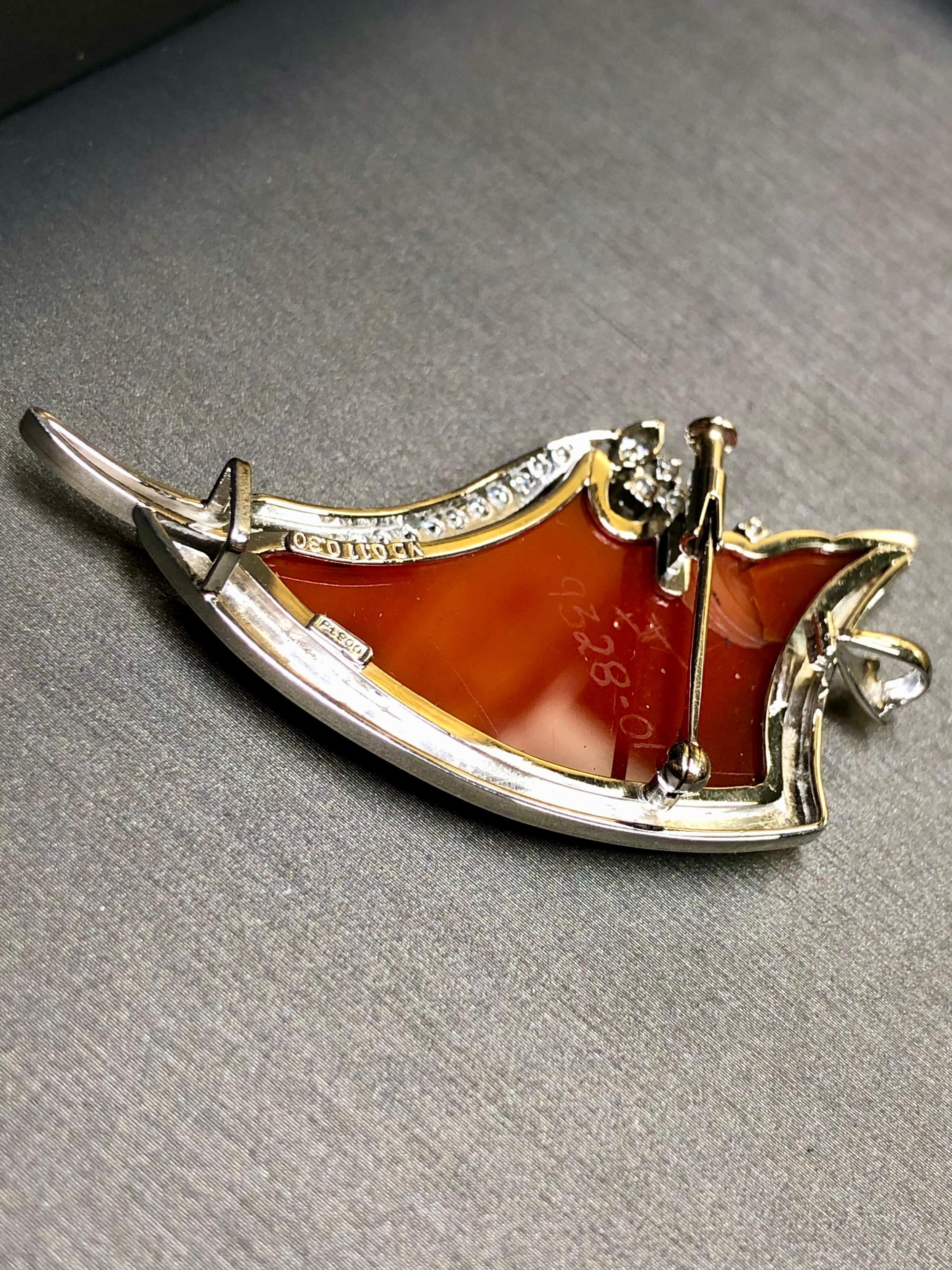 Art Nouveau Estate Platinum Carved Agate Cameo Diamond Masquerade Brooch Pendant Necklace For Sale