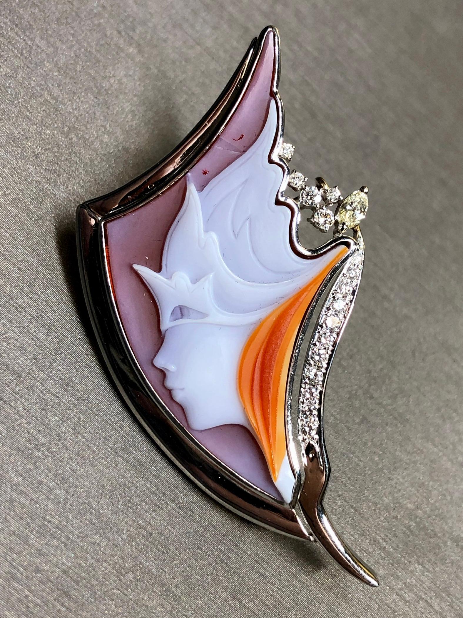 Uncut Estate Platinum Carved Agate Cameo Diamond Masquerade Brooch Pendant Necklace For Sale