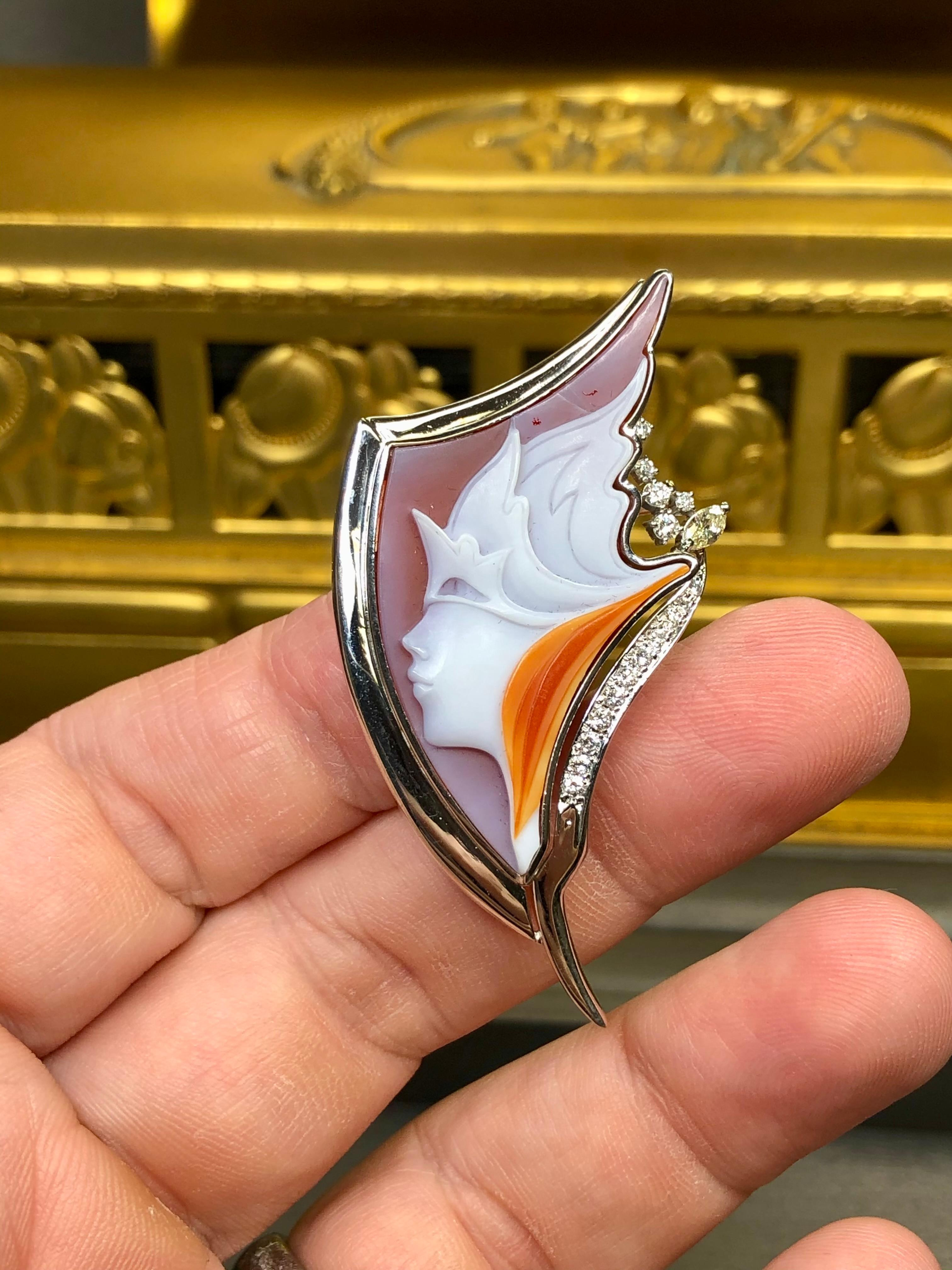 Estate Platinum Carved Agate Cameo Diamond Masquerade Brooch Pendant Necklace In Excellent Condition For Sale In Winter Springs, FL