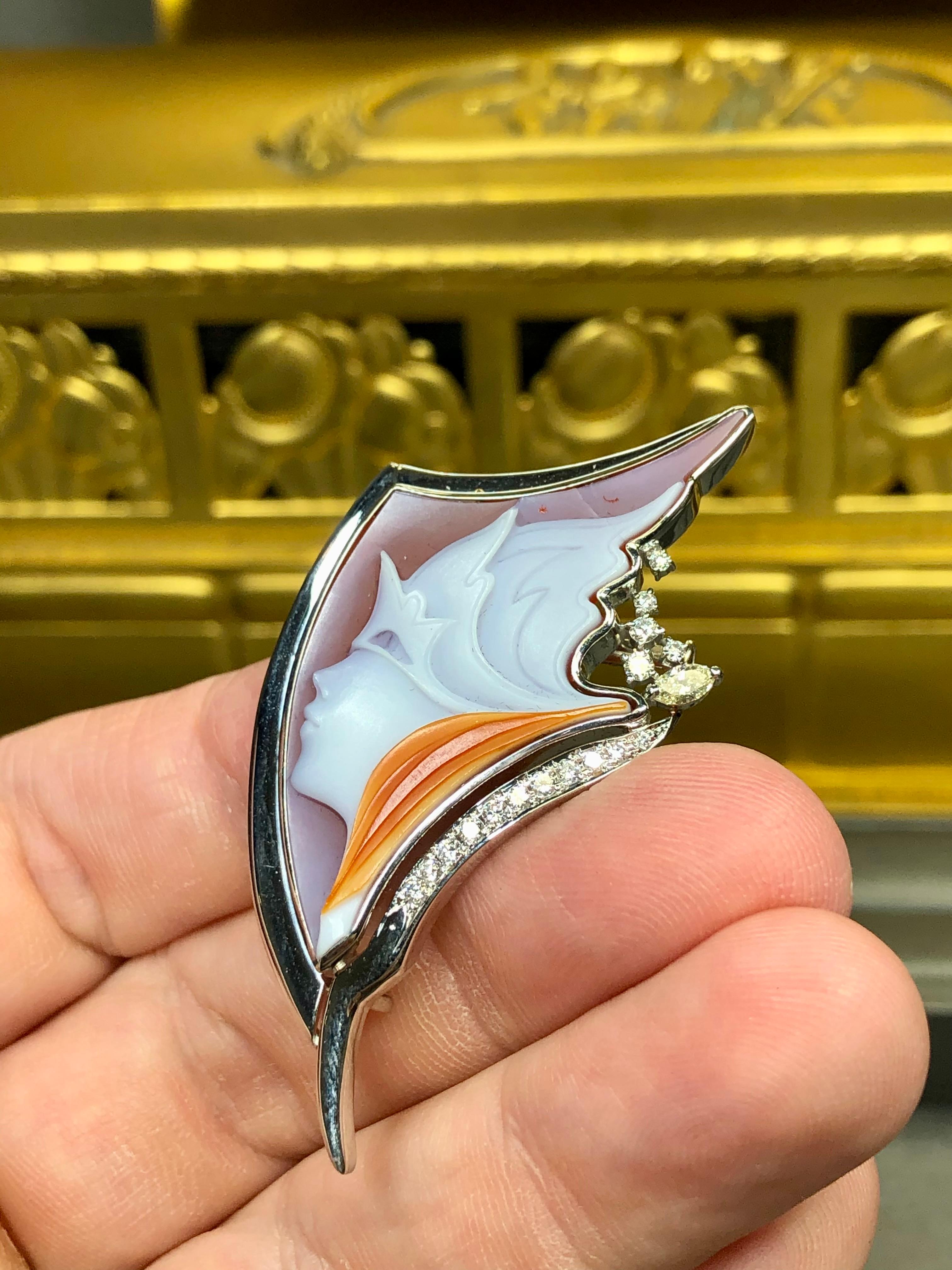 Women's or Men's Estate Platinum Carved Agate Cameo Diamond Masquerade Brooch Pendant Necklace For Sale