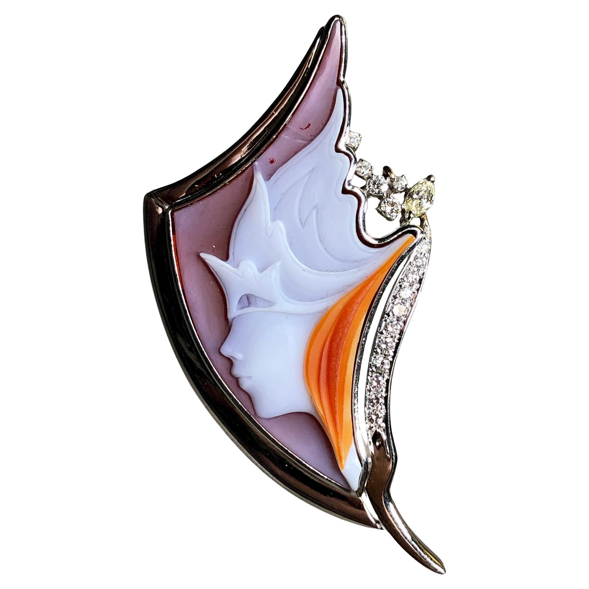 Estate Platinum Carved Agate Cameo Diamond Masquerade Brooch Pendant Necklace For Sale