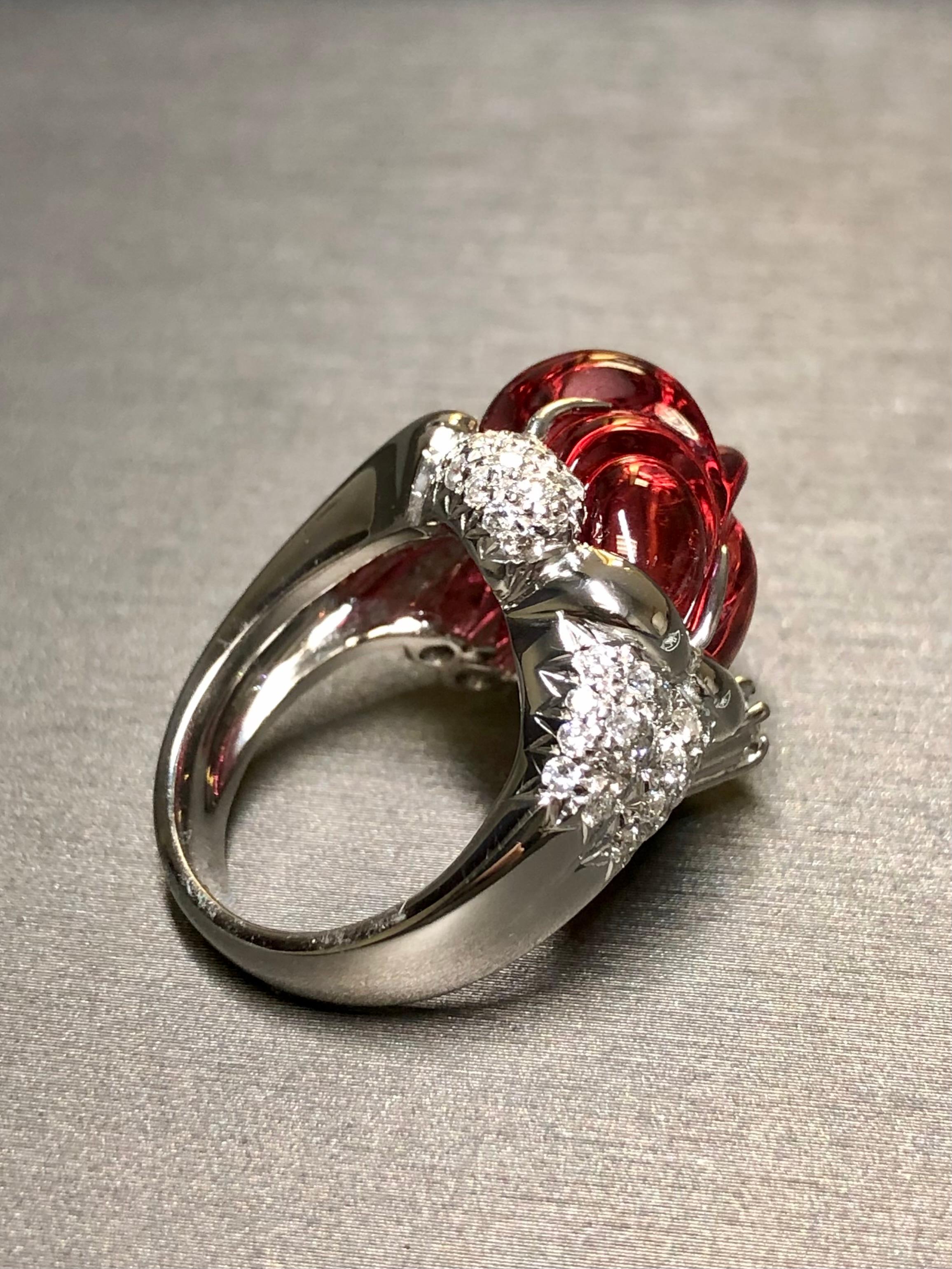 Estate Platino Tallado Rubellite Turmalina Diamante Cóctel Cúpula Anillo 21.40ctw Tumbled en venta