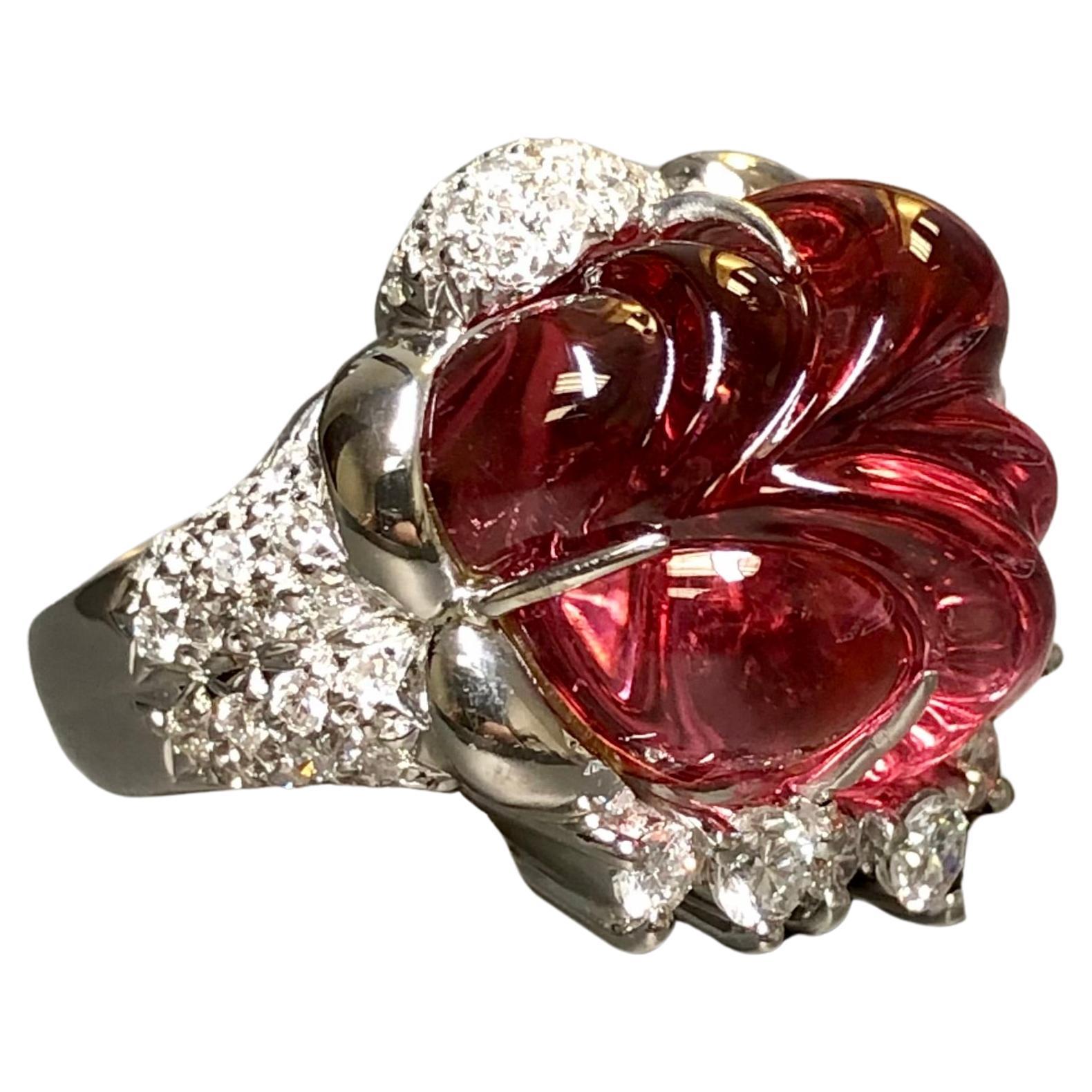 Estate Platino Tallado Rubellite Turmalina Diamante Cóctel Cúpula Anillo 21.40ctw en venta