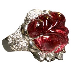 Vintage Estate Platinum Carved Rubellite Tourmaline Diamond Cocktail Dome Ring 21.40ctw