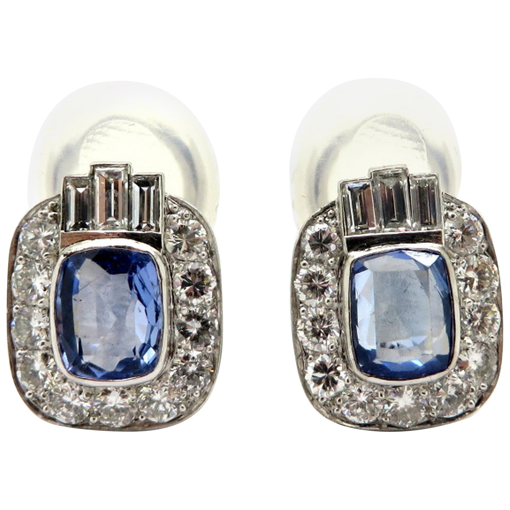 Estate Platinum Ceylon Sapphire, Round, and Baguette Diamond Clip-On Earrings For Sale