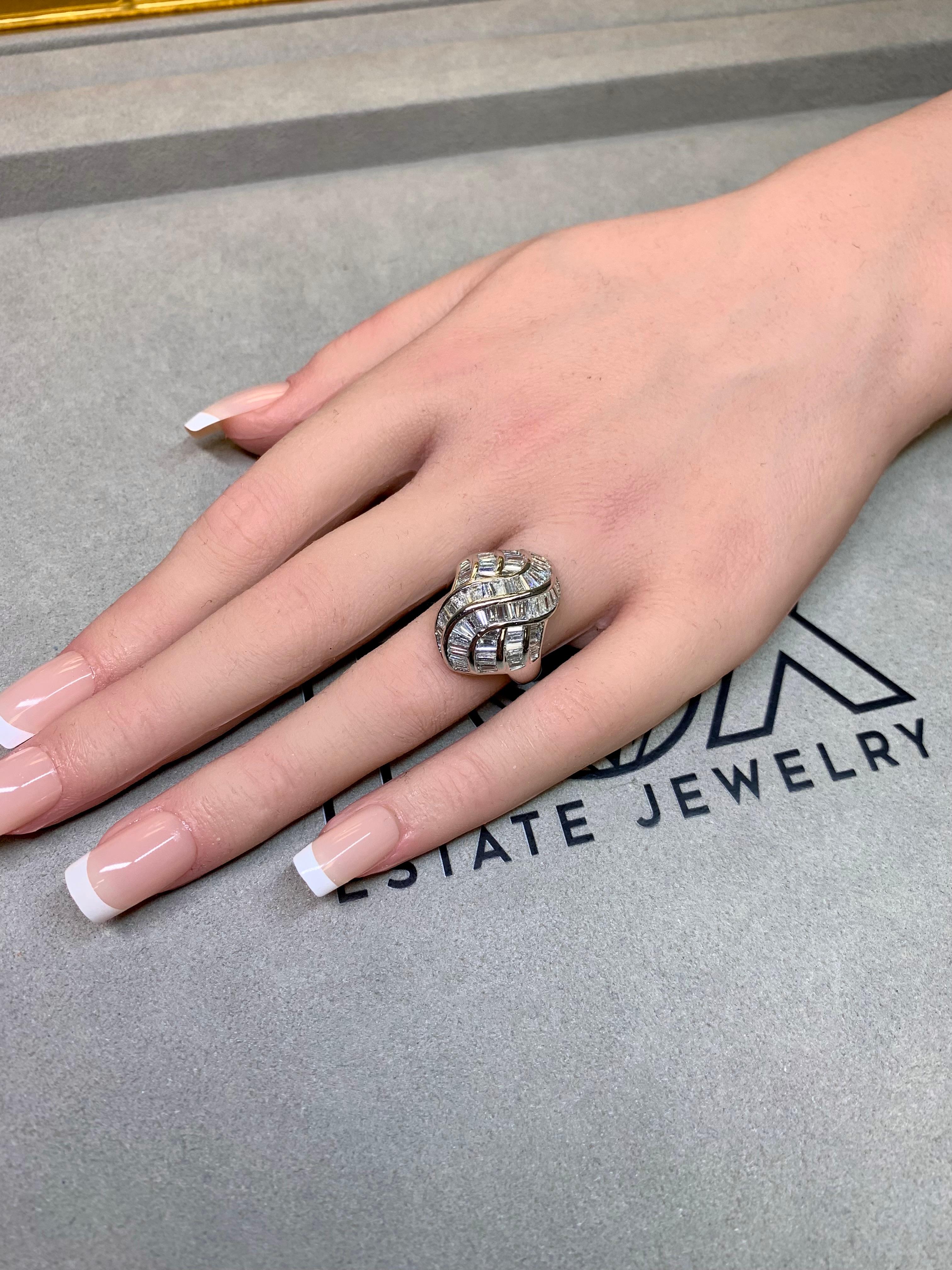 Estate Platinum Channel Set Baguette Diamond Flowing Cocktail Ring 4.83ctw For Sale 4