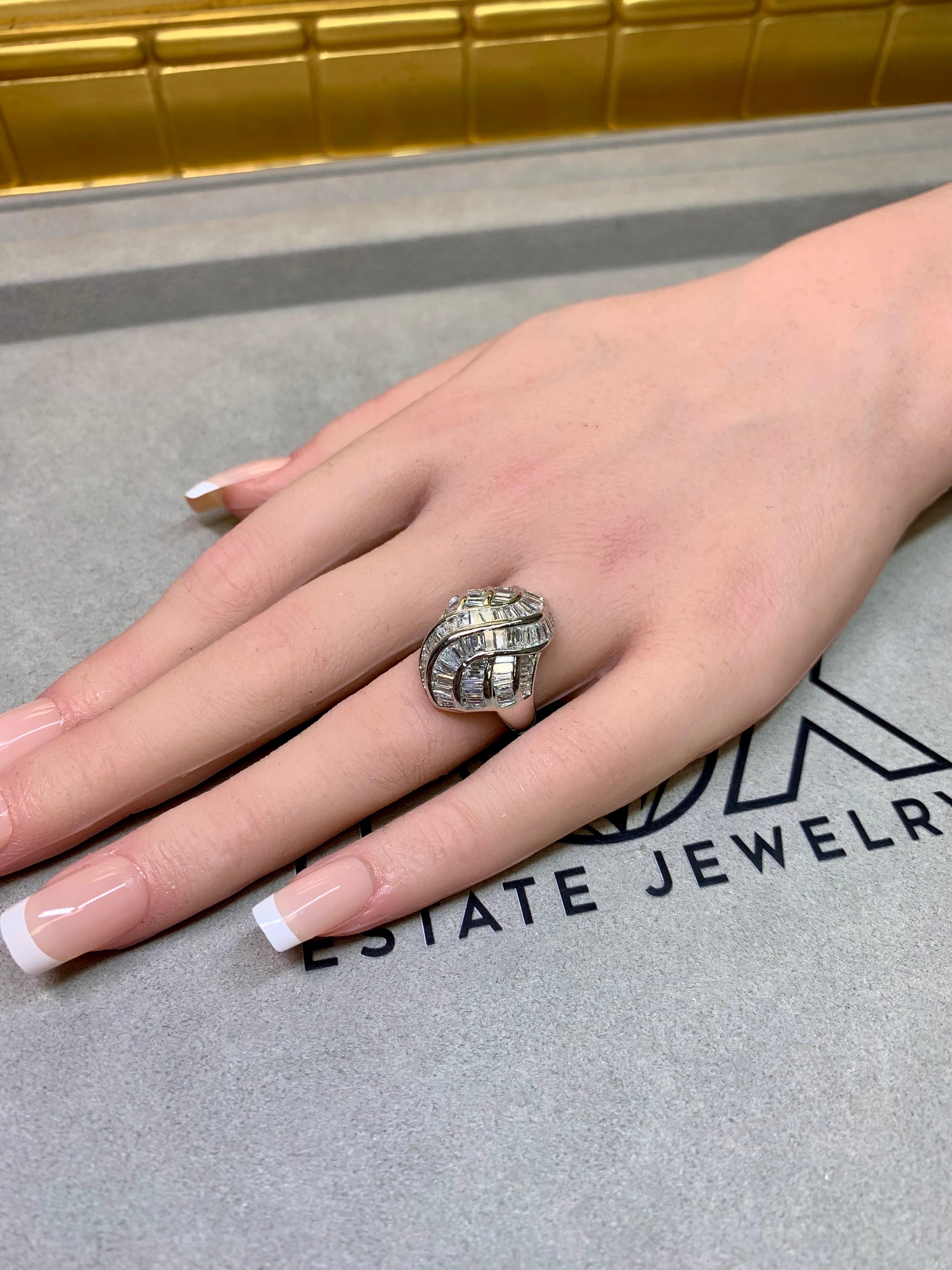 Estate Platinum Channel Set Baguette Diamond Flowing Cocktail Ring 4.83ctw For Sale 5