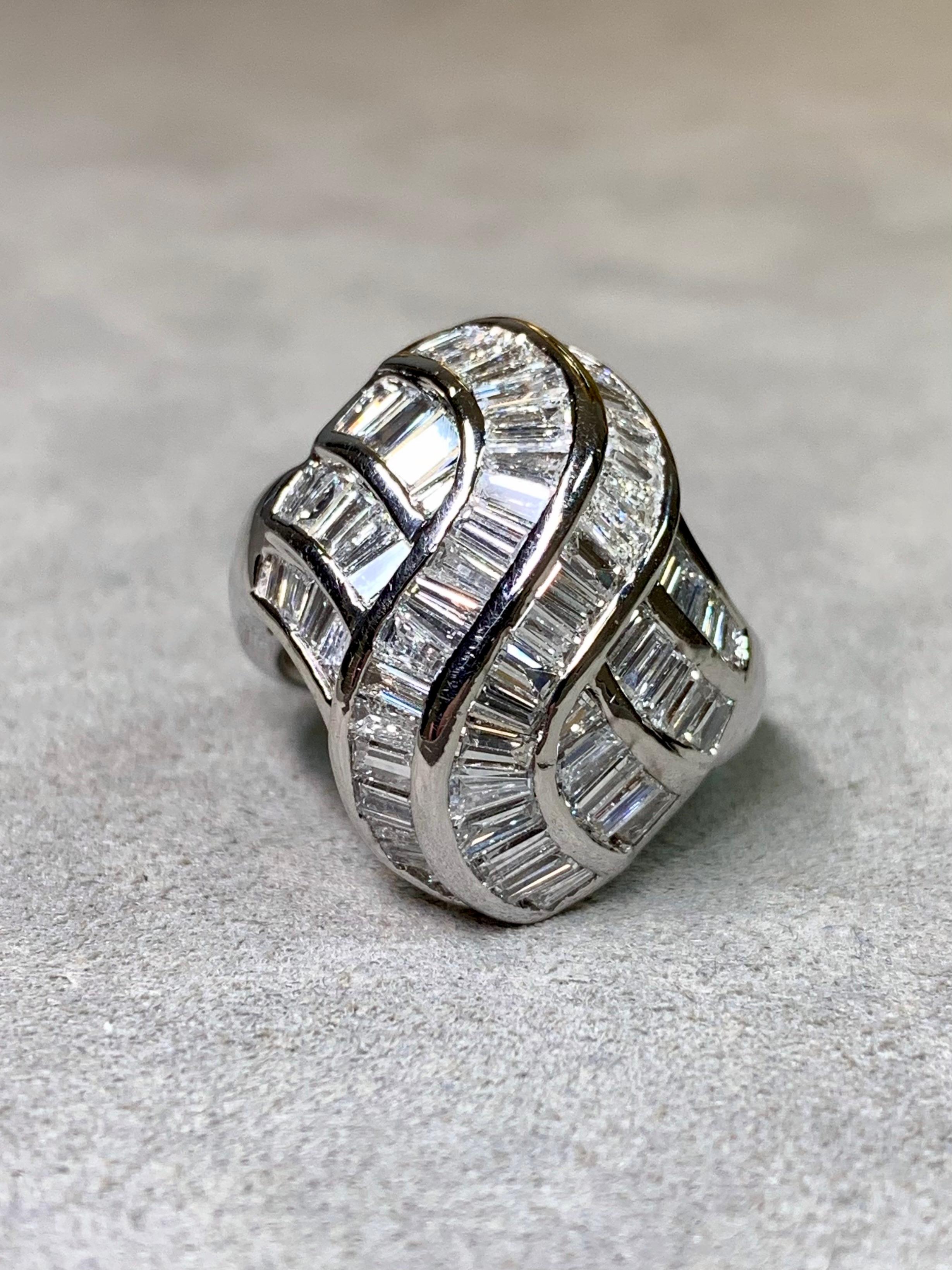 Baguette Cut Estate Platinum Channel Set Baguette Diamond Flowing Cocktail Ring 4.83ctw For Sale