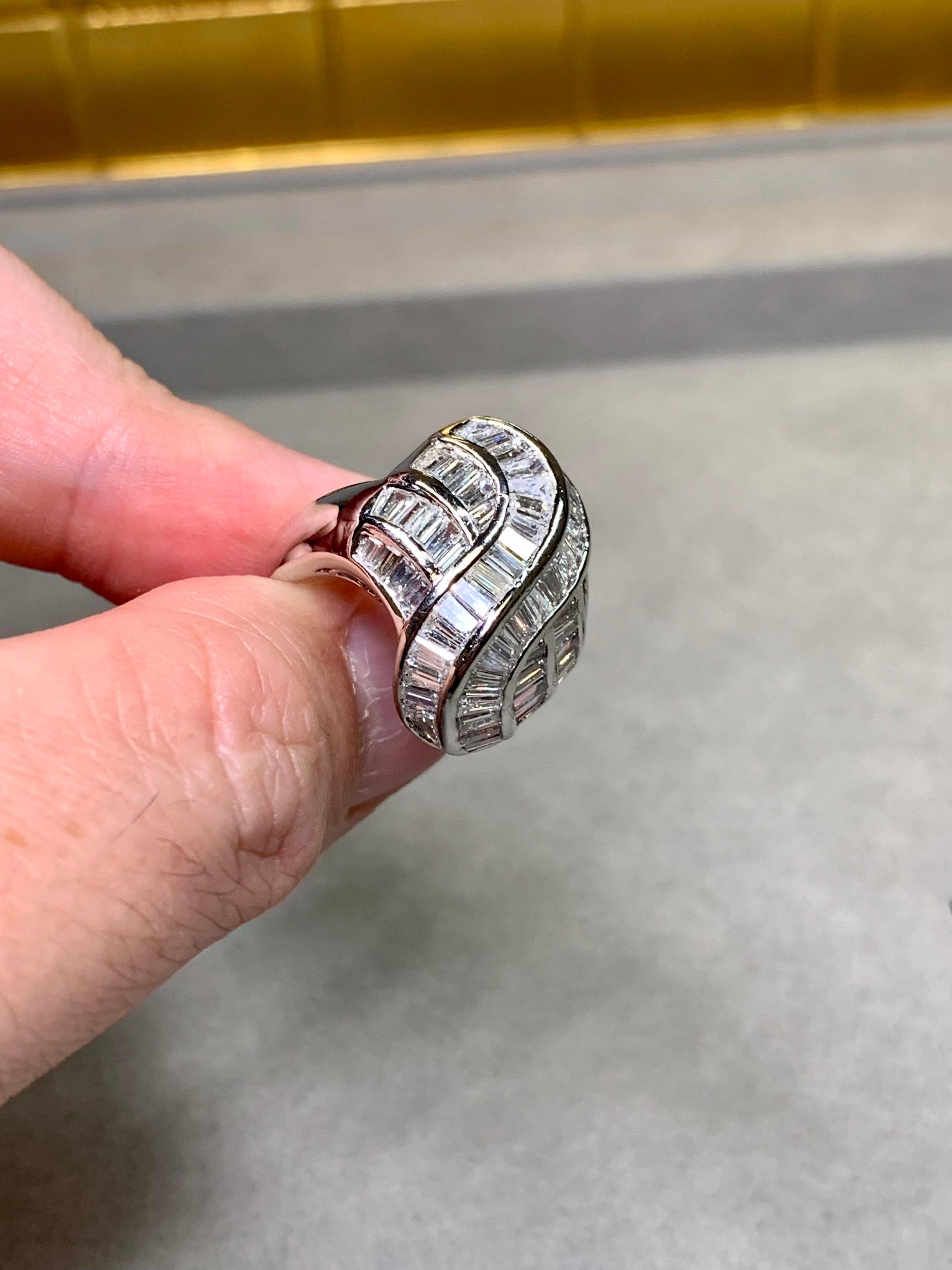Estate Platinum Channel Set Baguette Diamond Flowing Cocktail Ring 4.83ctw For Sale 2