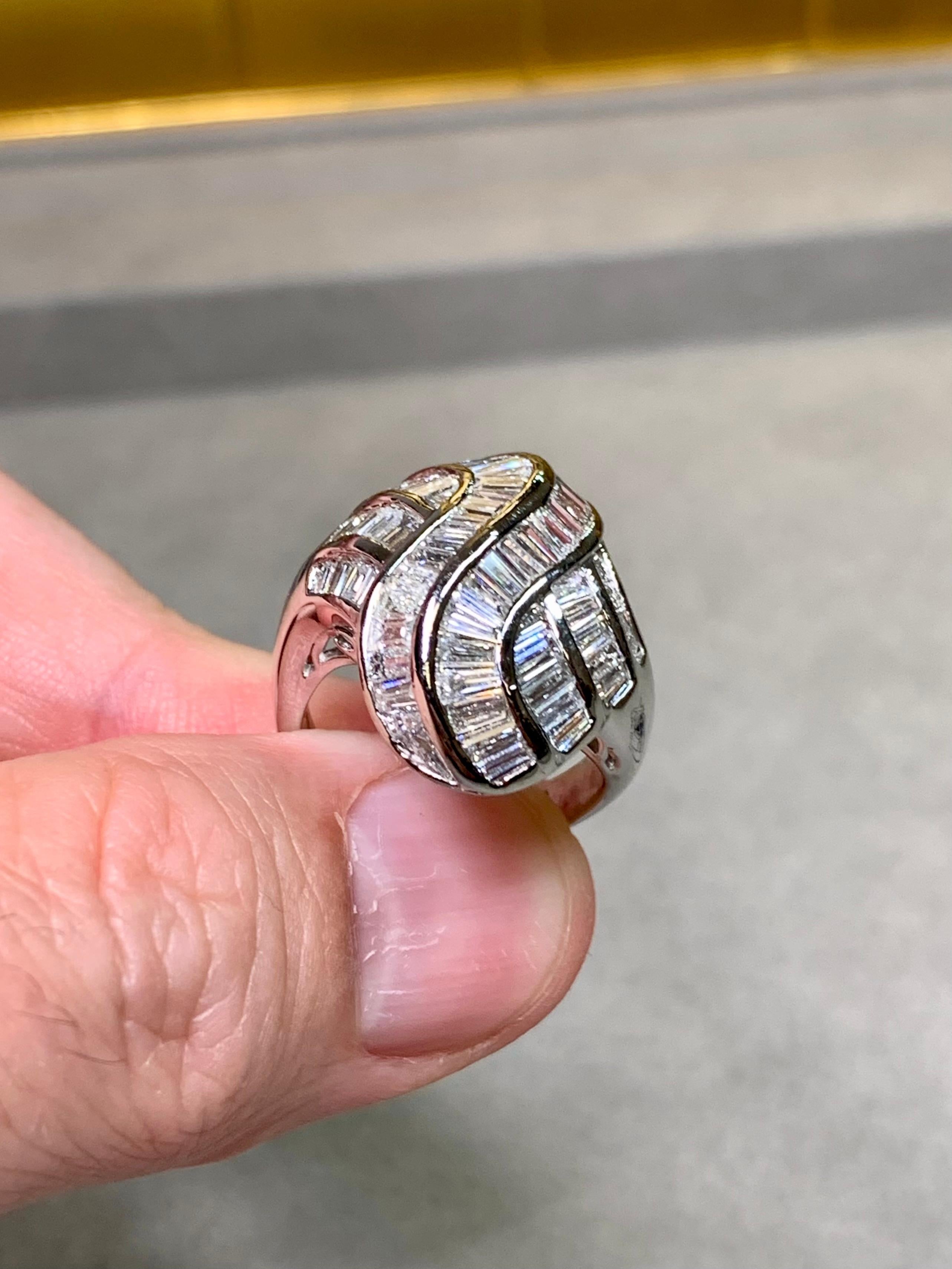Estate Platinum Channel Set Baguette Diamond Flowing Cocktail Ring 4.83ctw For Sale 3