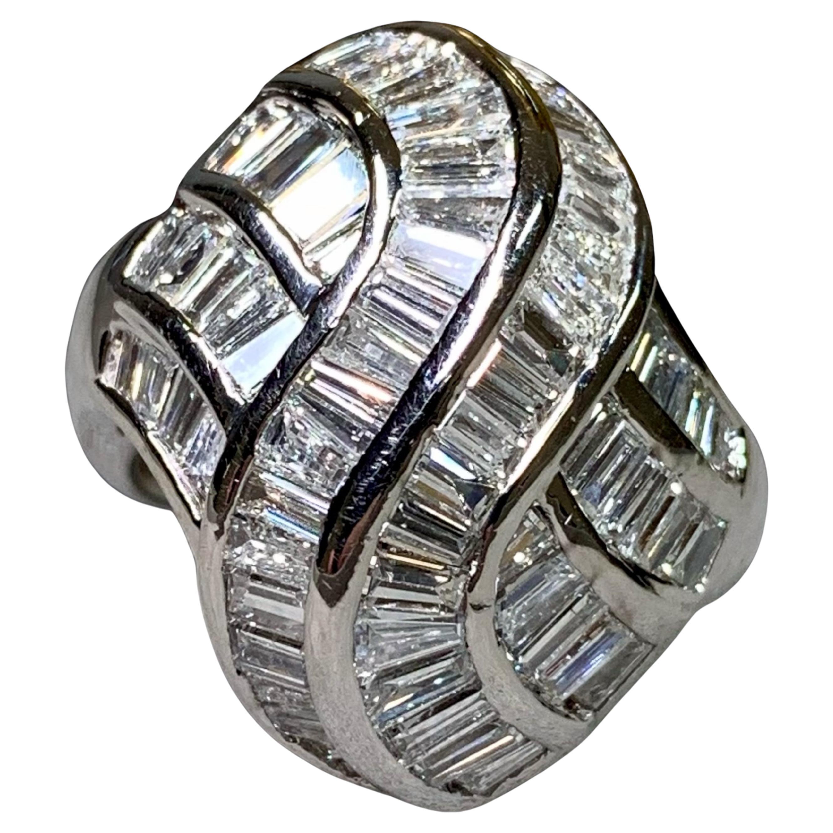 Estate Platinum Channel Set Baguette Diamond Flowing Cocktail Ring 4.83ctw For Sale