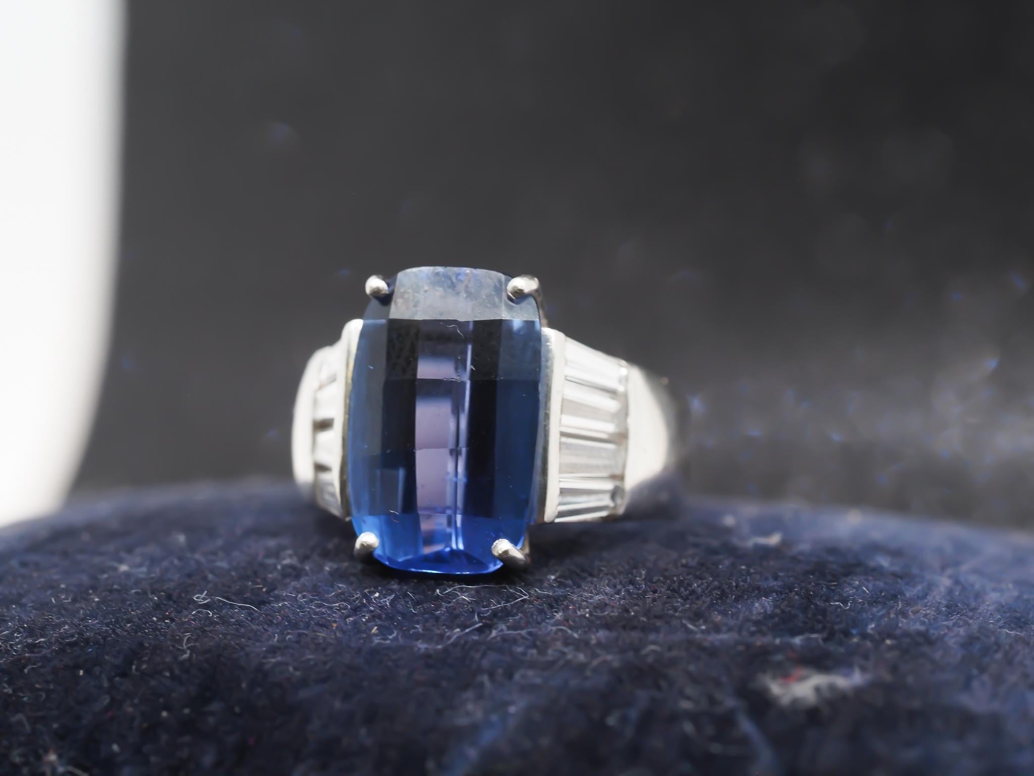 Estate Platinum Checkerboard Facet Tanzanite and Baguette Diamond Ring For Sale 5