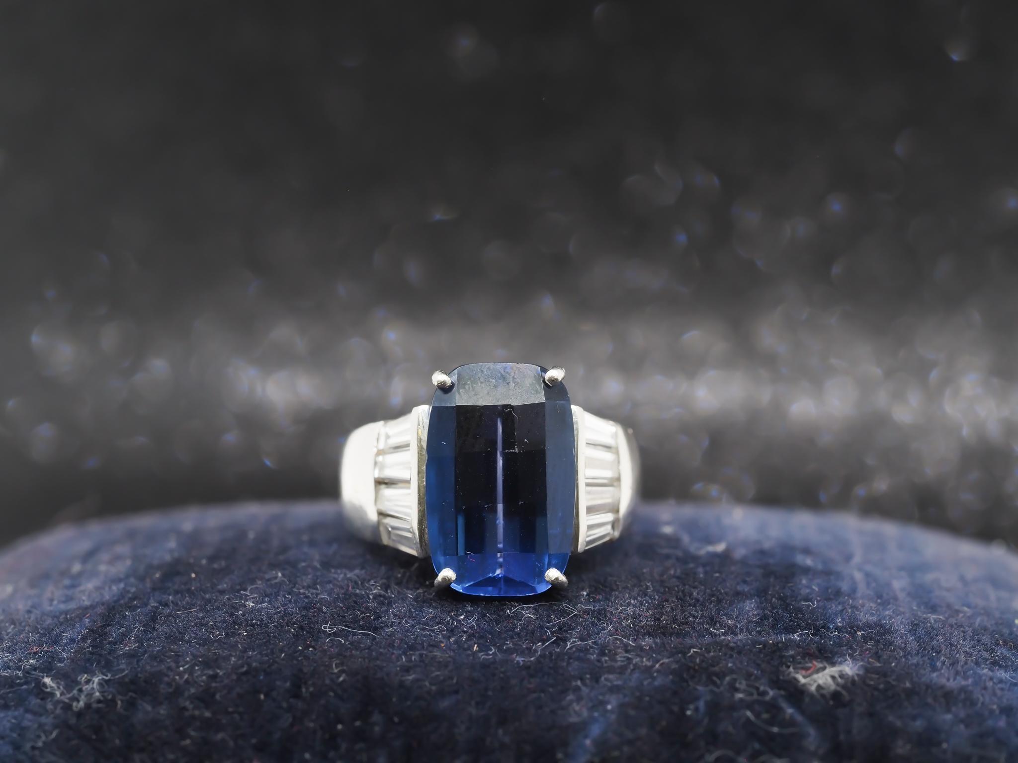 Cushion Cut Estate Platinum Checkerboard Facet Tanzanite and Baguette Diamond Ring For Sale