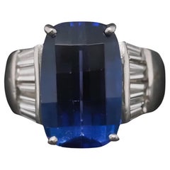 Estate Platinum Checkerboard Facet Tanzanite and Baguette Diamond Ring
