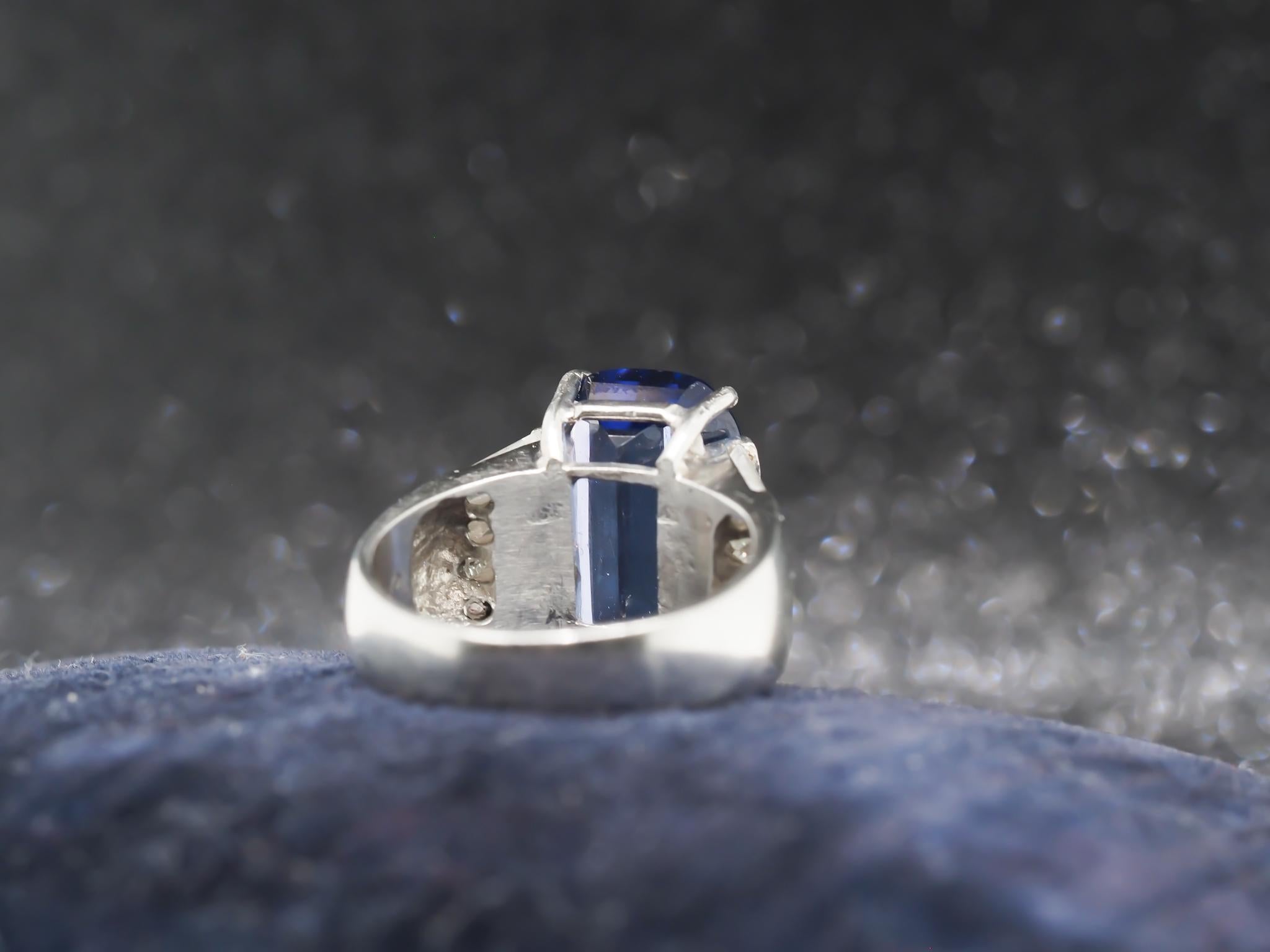 Estate Platinum Checkerboard Facet Tanzanite and Baguette Diamond Ring For Sale 2