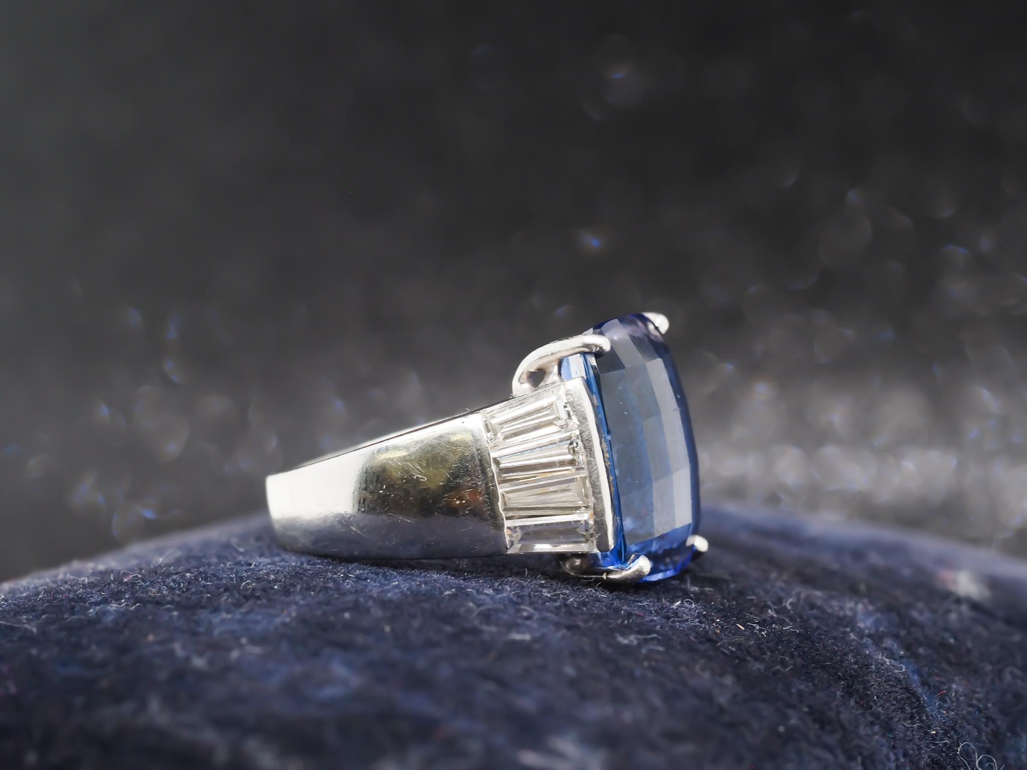 Estate Platinum Checkerboard Facet Tanzanite and Baguette Diamond Ring For Sale 4