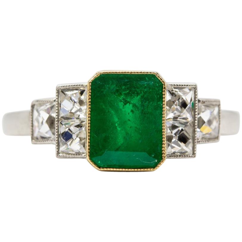 Estate Platinum Colombian Emerald and French Cut Diamonds Ring
