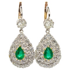 Estate Platinum Colombian Emeralds and Antique Old Mine Diamonds Earrings