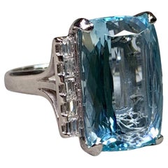 Estate Platinum Aquamarine Baguette Diamond Cocktail Ring Sz 5.75