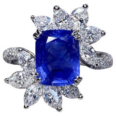 Estate Platinum Cushion Sapphire Marquise Diamond Cocktail Ring GIA NO HEAT