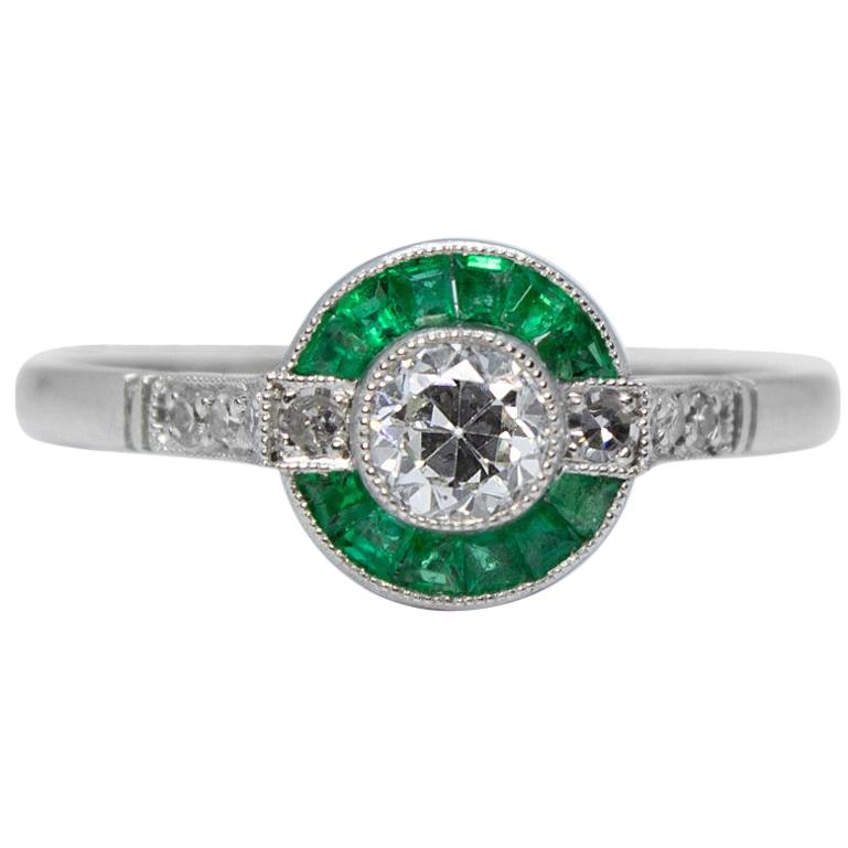 Estate Platinum Diamond and Emerald Ring