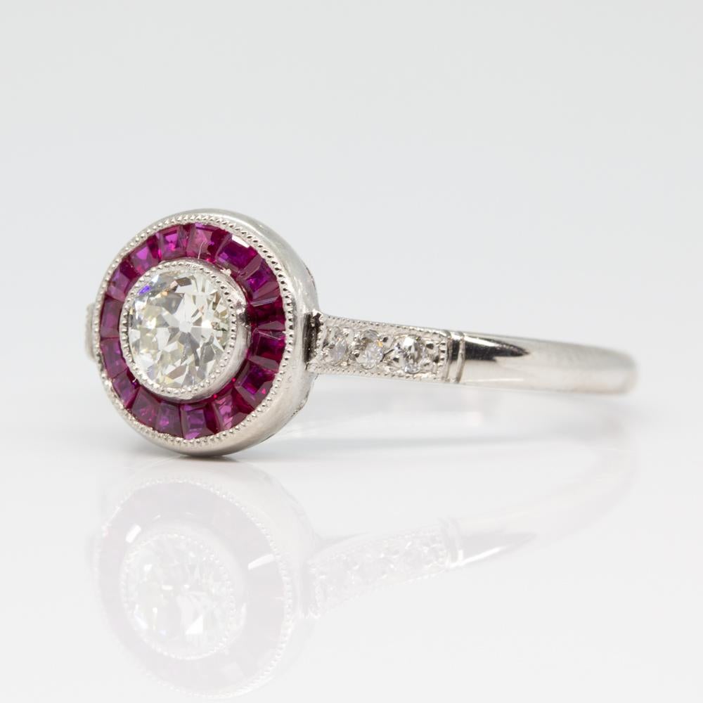 French Cut Estate Platinum Diamond and Ruby Ring