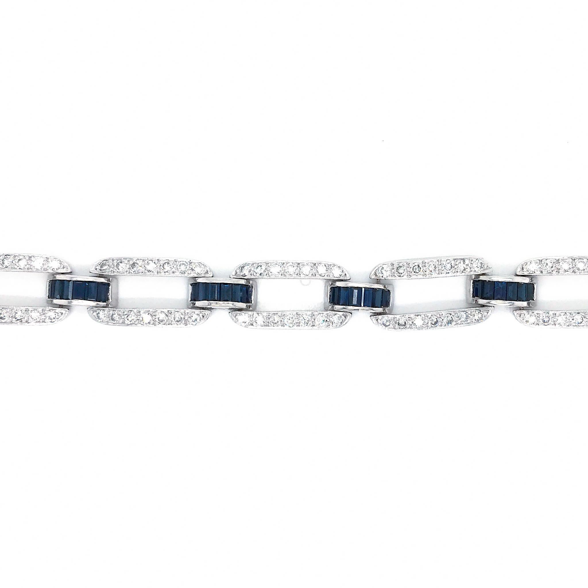 Platinum
Diamond = 4.0ct twd                                                                                           
Sapphire = 4.50ct twd
Total Weight: 51 grams
Bracelet Lenght: 7 inches