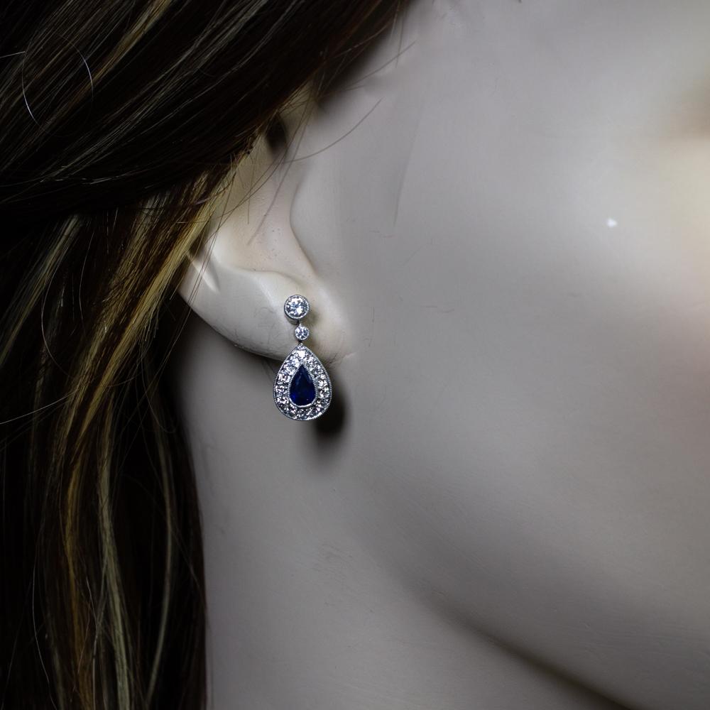 Pear Cut Estate Platinum Diamond and Sapphire Earrings