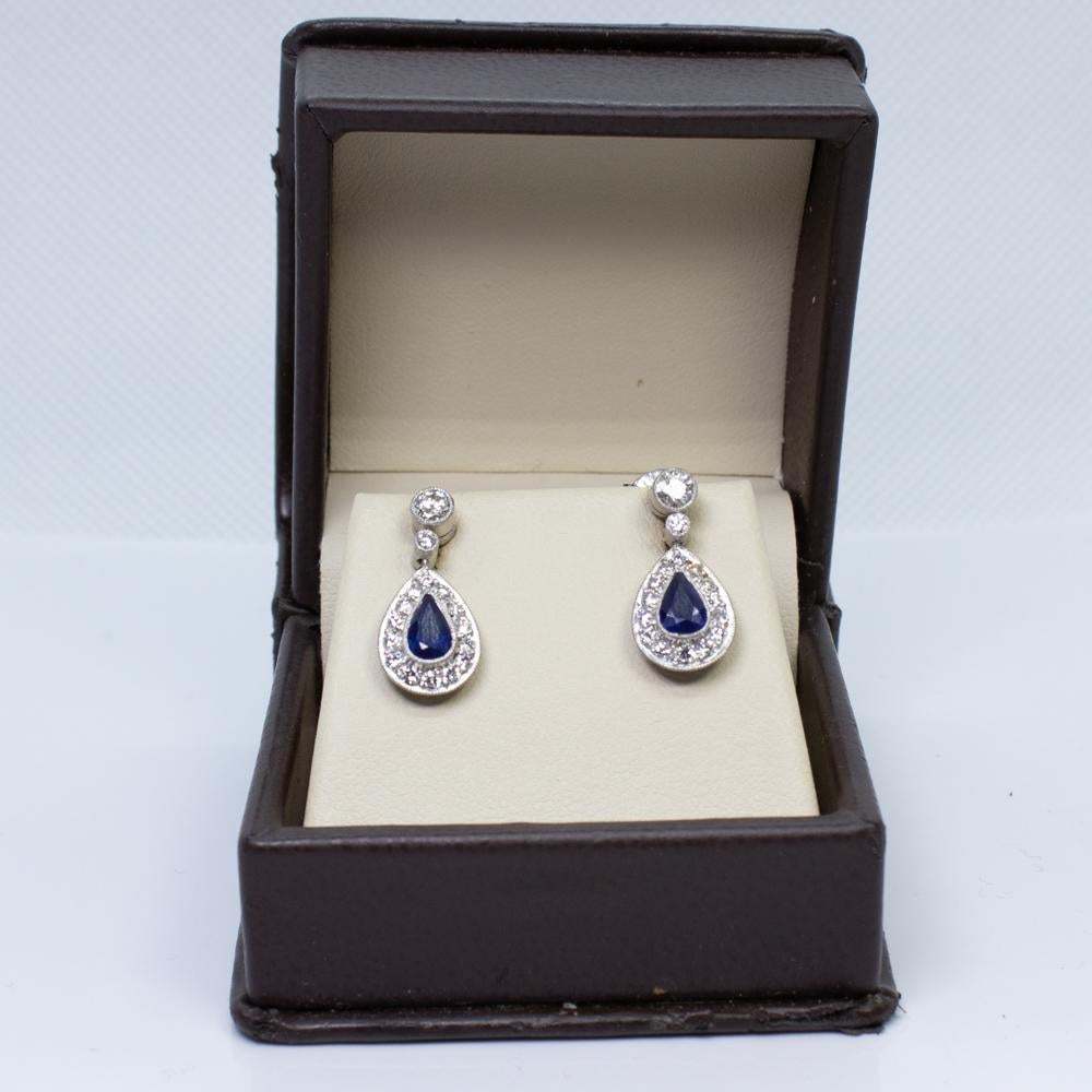 Estate Platinum Diamond and Sapphire Earrings In Excellent Condition In Miami, FL