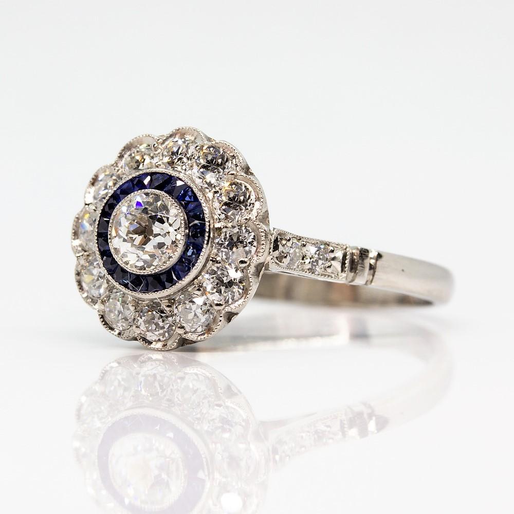 French Cut Estate Platinum Diamond and Sapphire Ring
