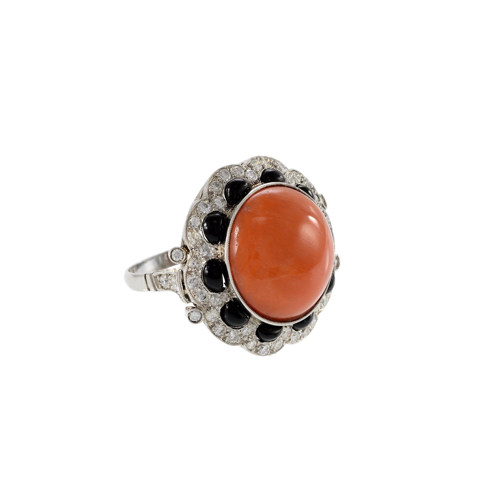 Revamp your look with this luxurious estate platinum diamond, black onyx and coral ring. Boasting a generous 1.75 carat weight, this ring is crafted with stunning F color and VS clarity diamonds. Plus, it comes certified by Diamond Gal, guaranteeing