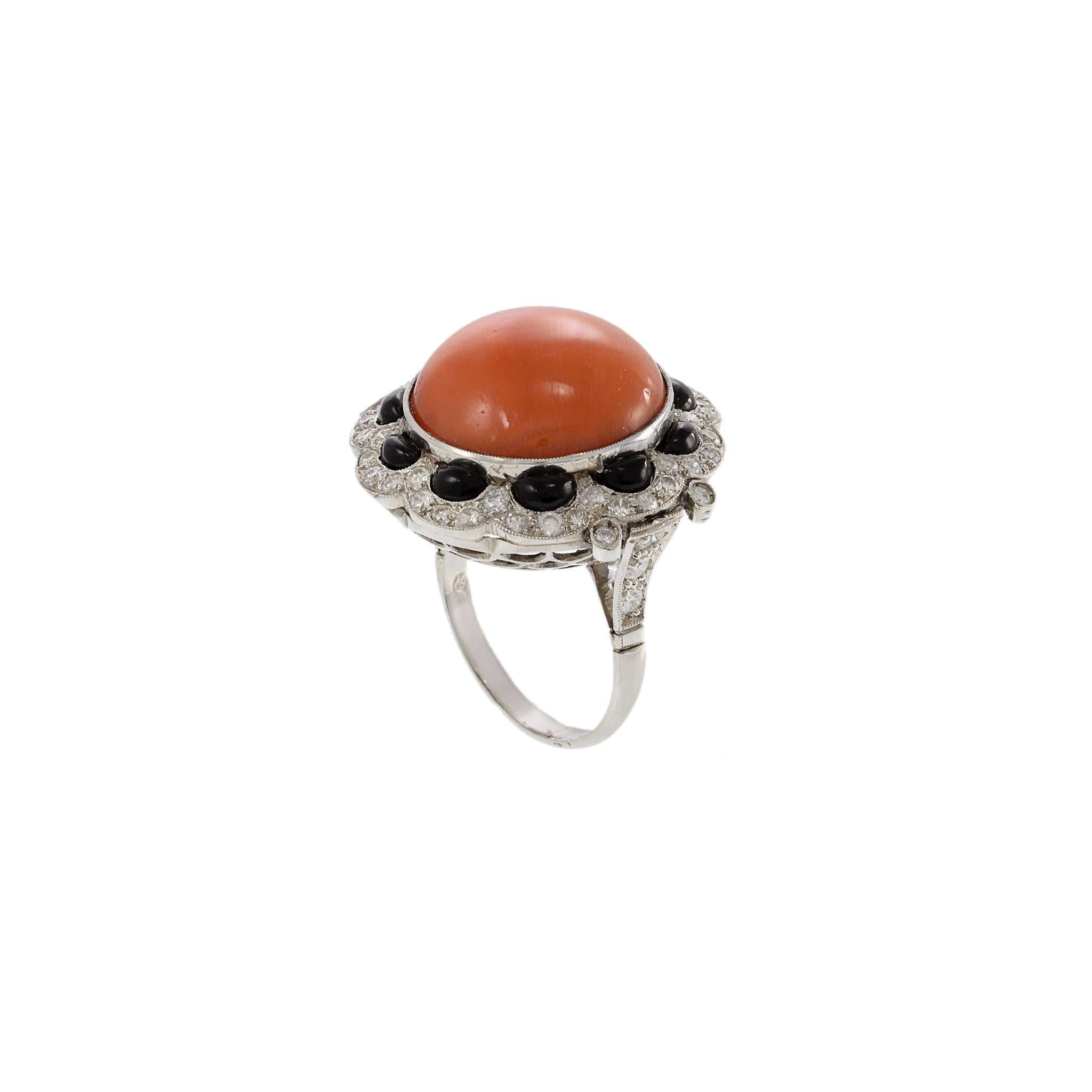 Retro Estate Platinum Diamond, Black Onyx And Coral Ring For Sale