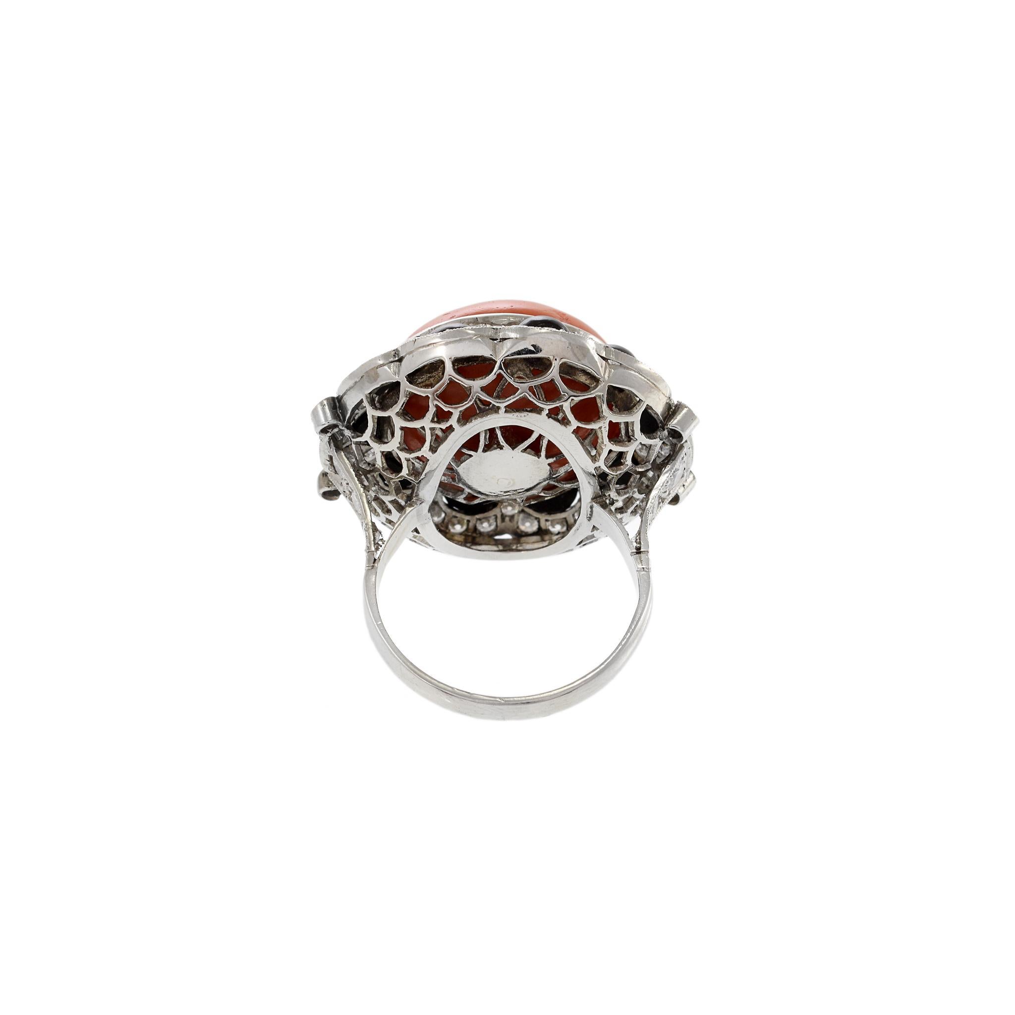 Estate Platinum Diamond, Black Onyx And Coral Ring For Sale 1
